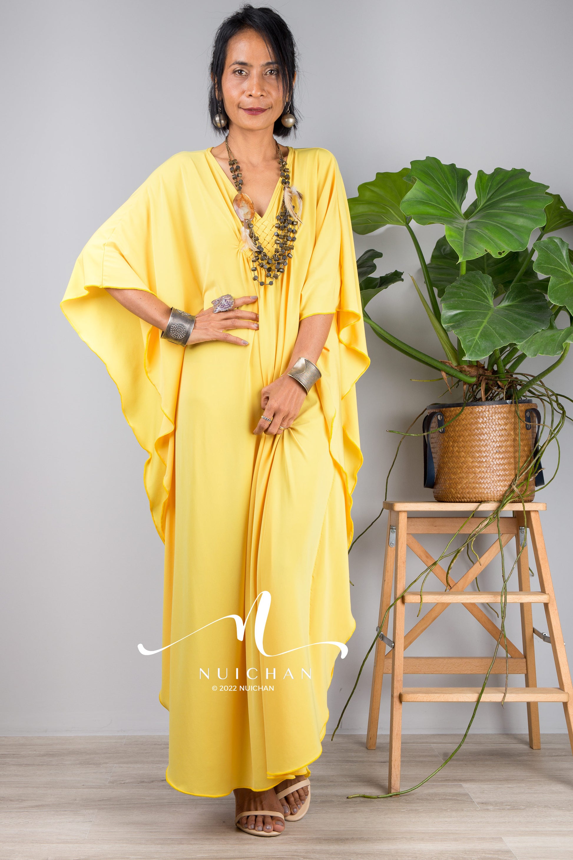 Petite Kaftan dresses online. Yellow kimono caftan dress for small women