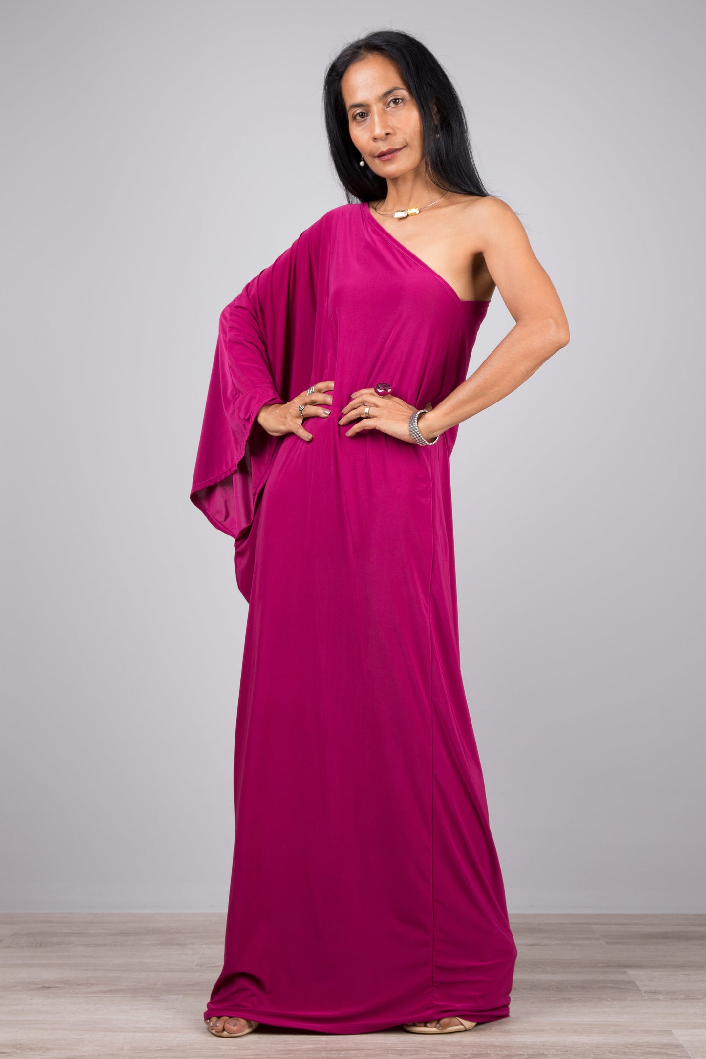 Pink asymmetrical dress by Nuichan.  Off shoulder kaftan