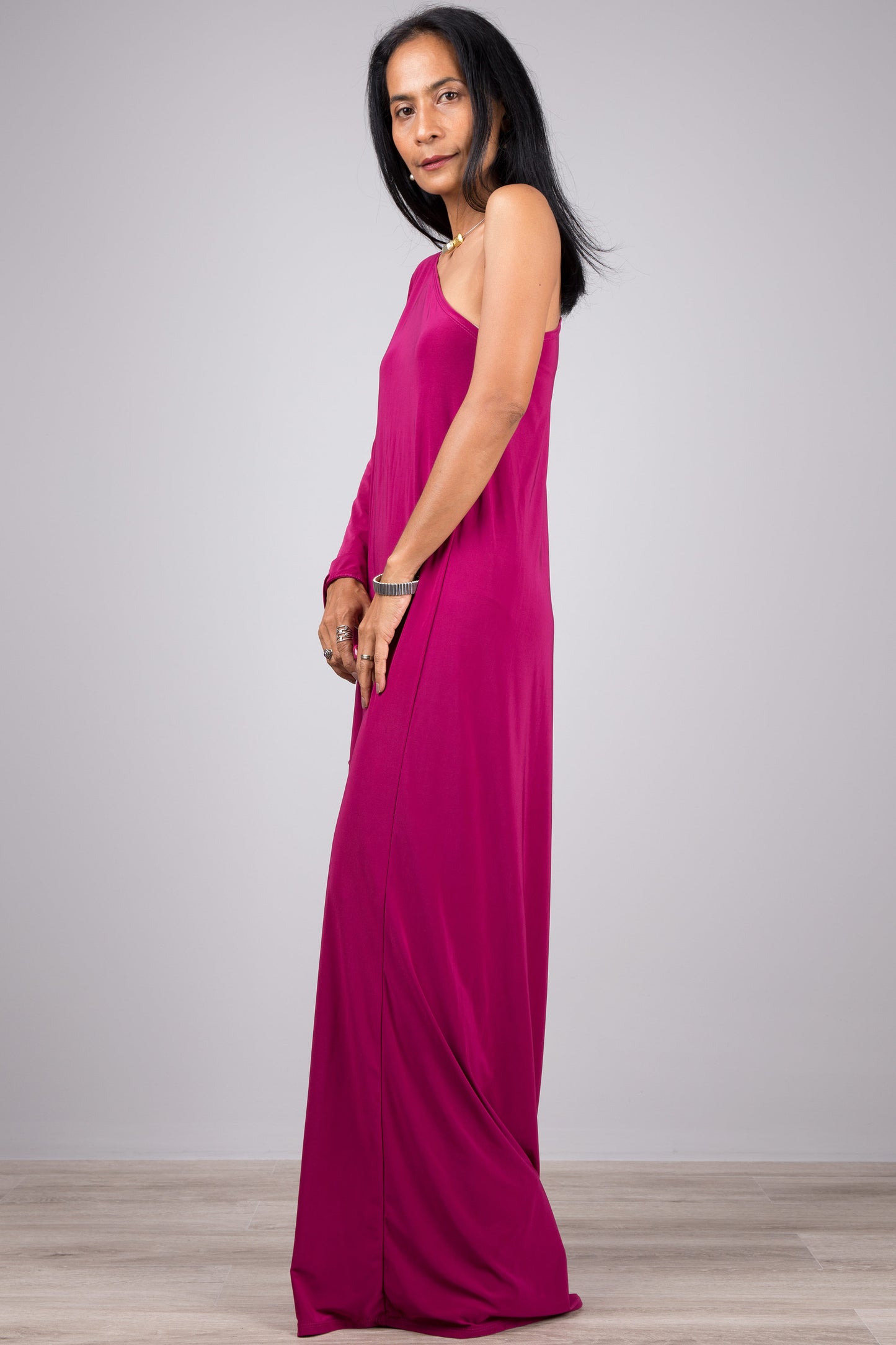 Pink one shoulder maxi dress by Nuichan.  Asymmetrical gala dress