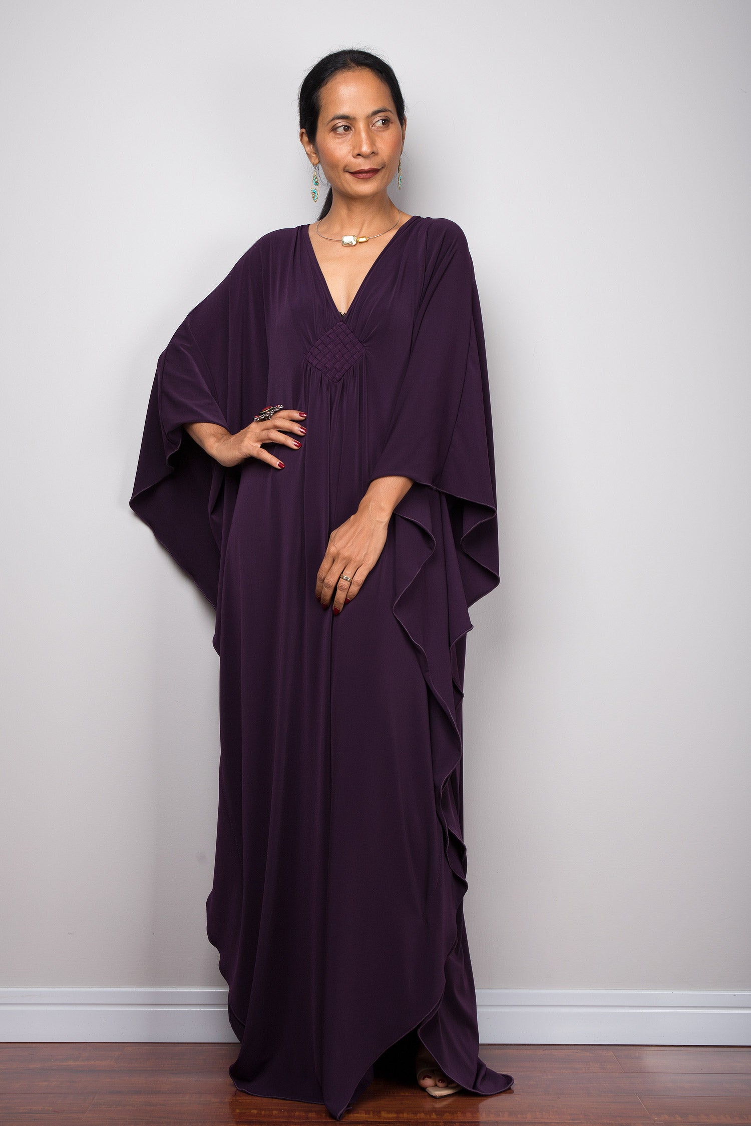 Dark purple caftan dress with batwing sleeve