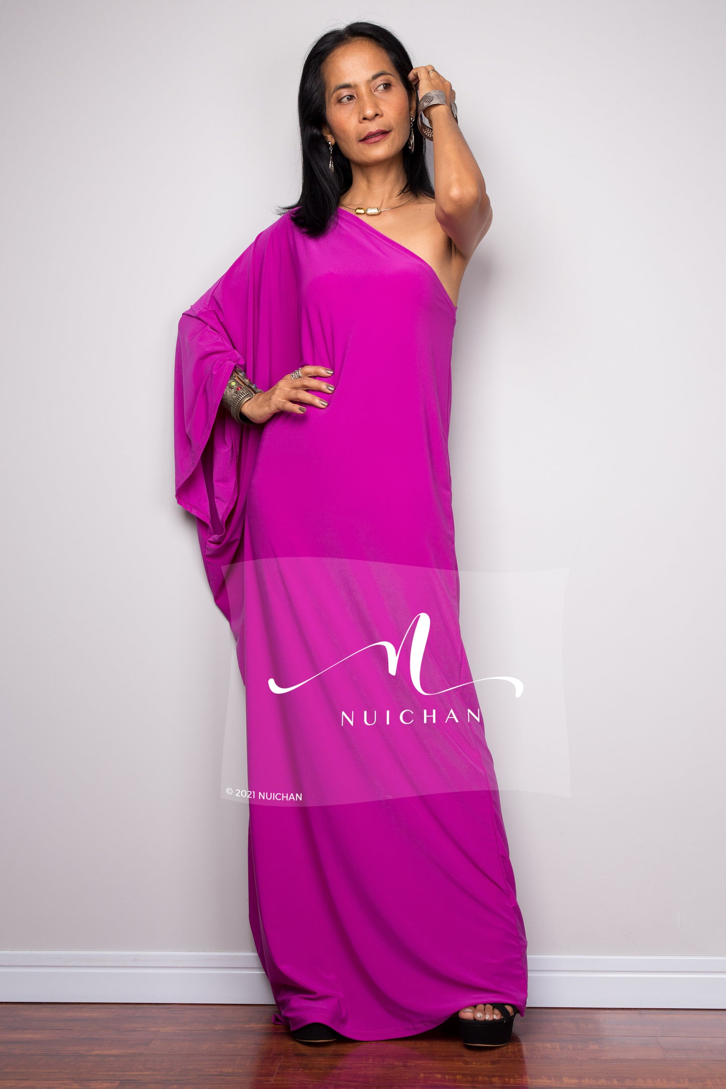 Long purple kaftan tube dress.  Off the shoulder caftan by Nuichan