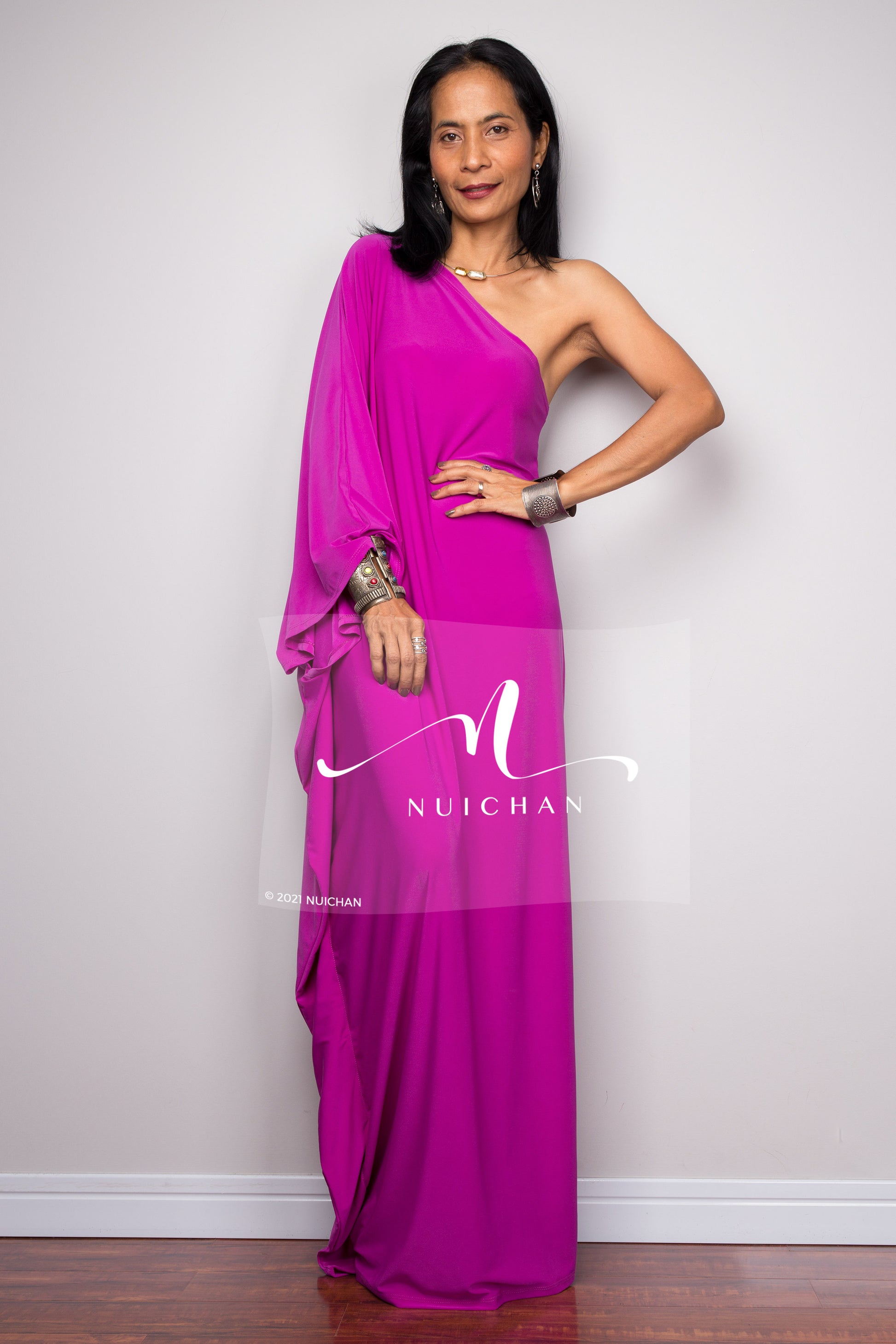 Long evening dress in magenta purple.  Off shoulder maxi dress by Nuichan