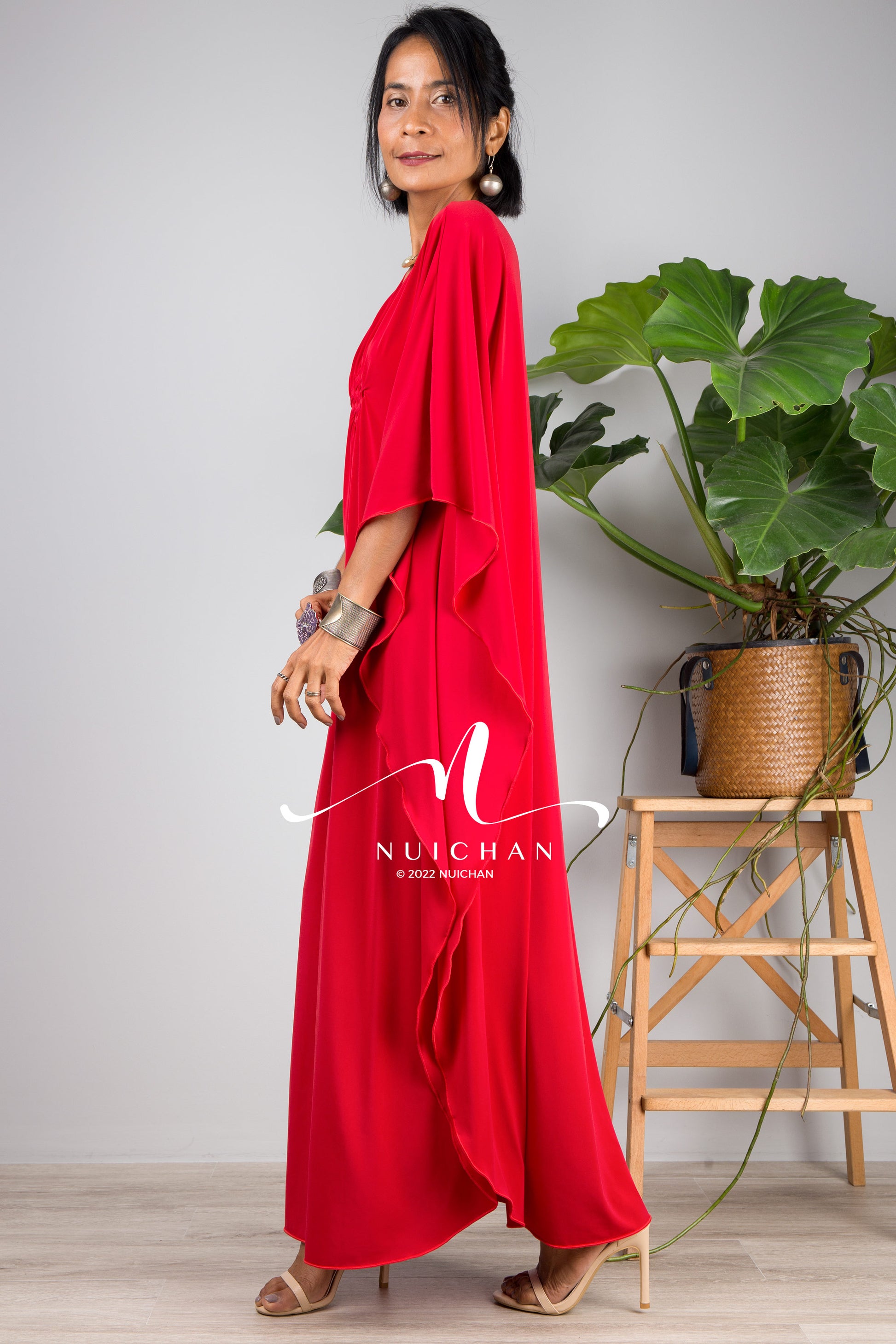 Small Kaftan dresses online. Red kimono kaftan dress by Nuichan