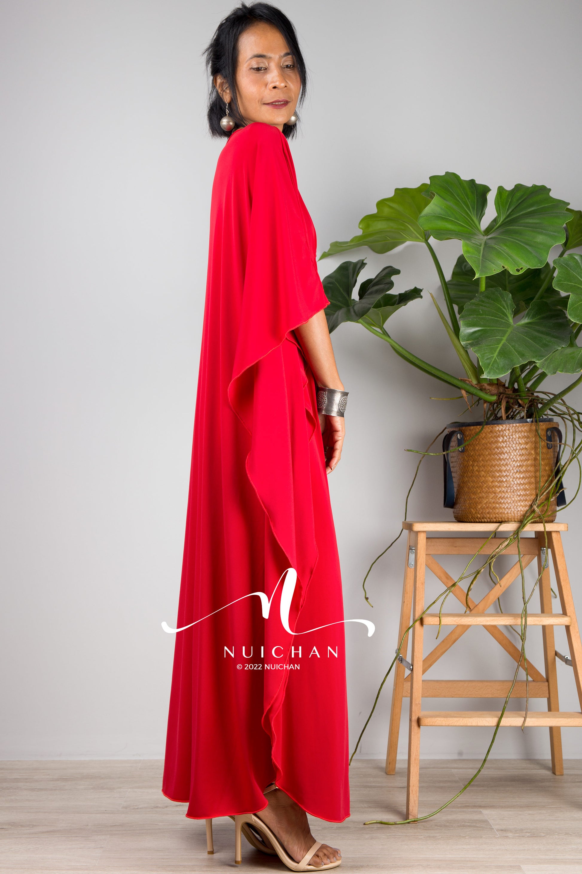 Small Kaftan dresses online. Red kimono kaftan dress by Nuichan