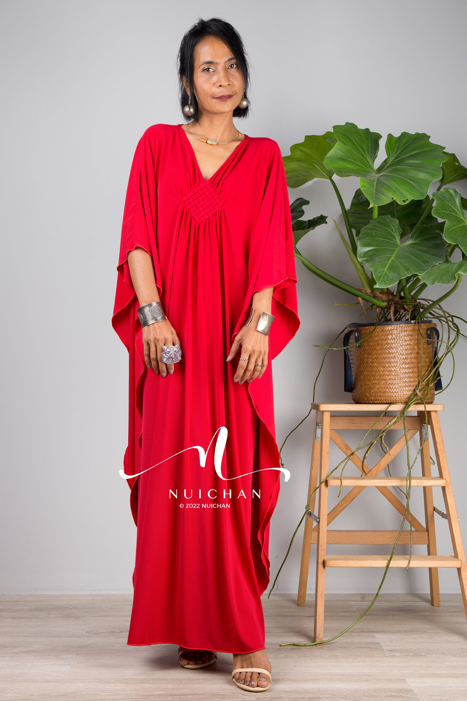 Small Kaftan dresses online. Red kimono kaftan dress by Nuichan