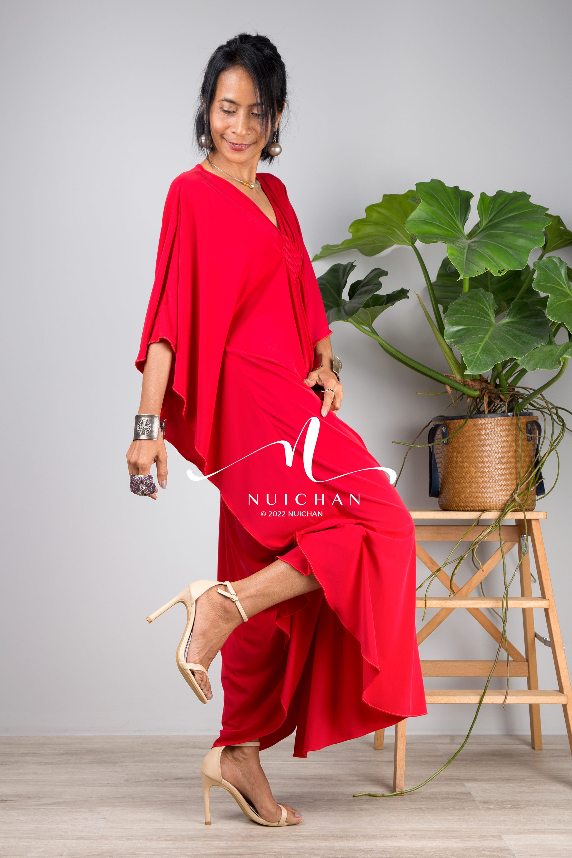 Small Kaftan dresses online. Red kimono kaftan dress by Nuichan