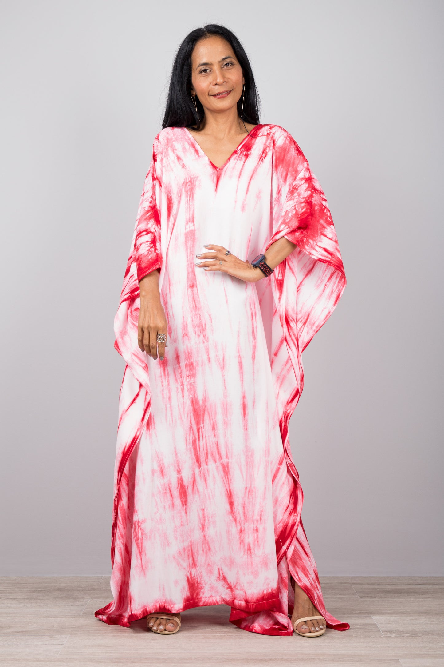 Red tie dye kaftan dress with v neck.  Loose fit caftan with shibori tie dye