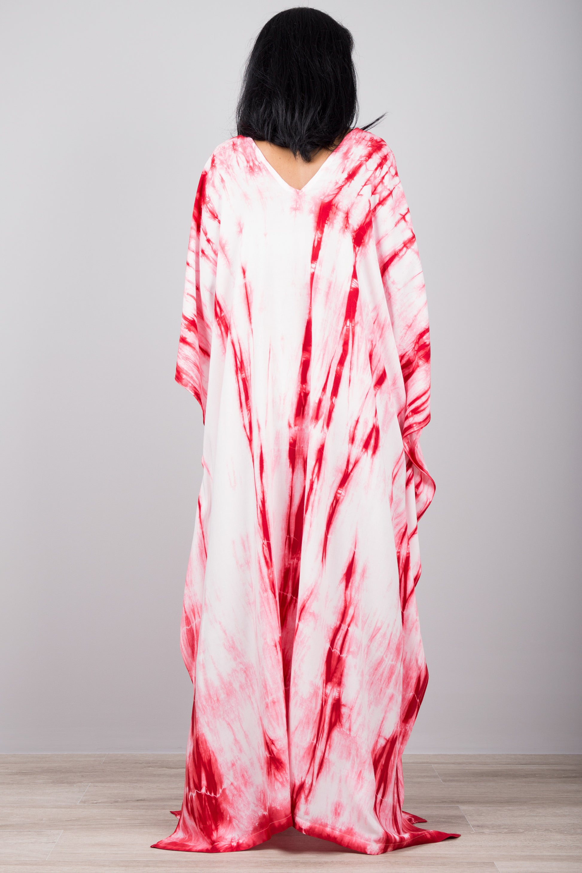 Red and white tie dye kaftan dress. Back view