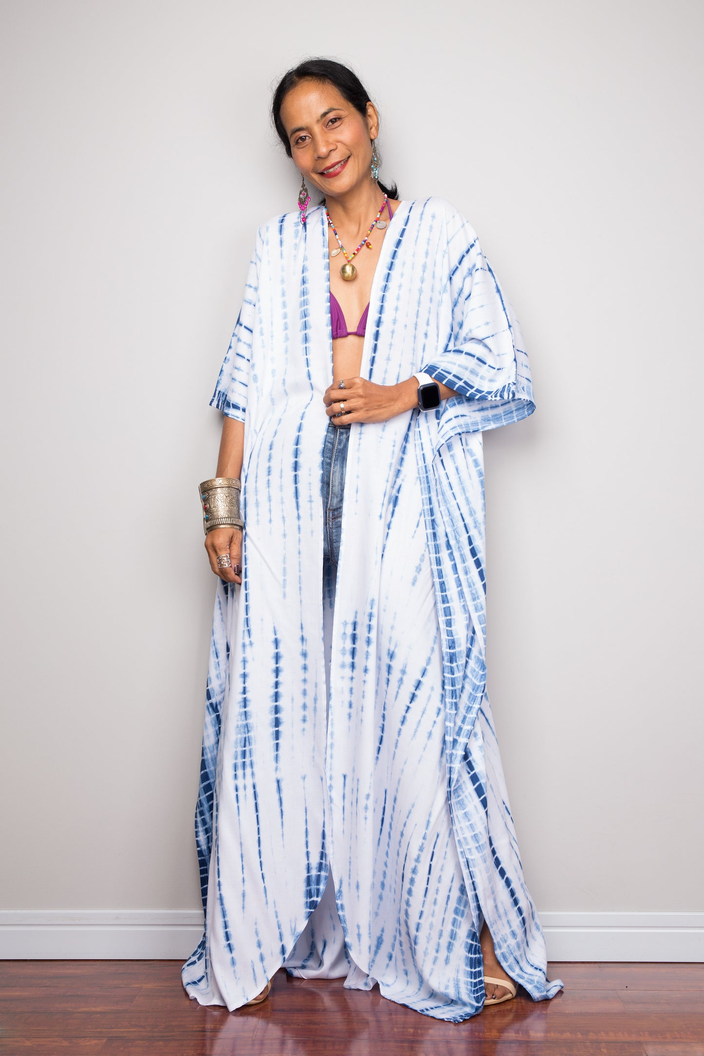 Shibori tie dye cardigan.  Open front cardigan with sash.