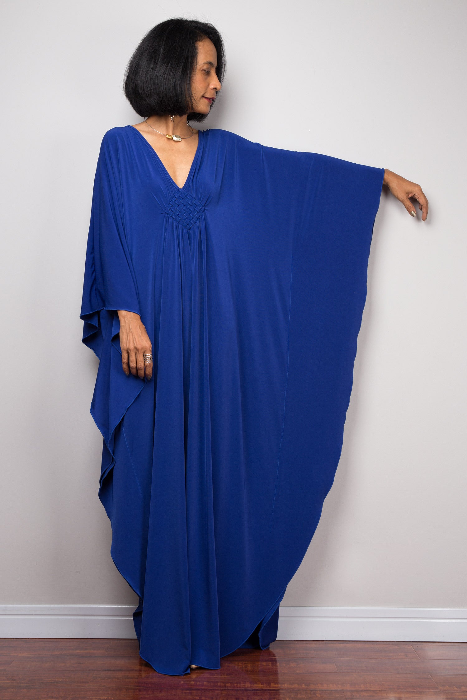 Large blue kaftan dress with batwing sleeve and v neck