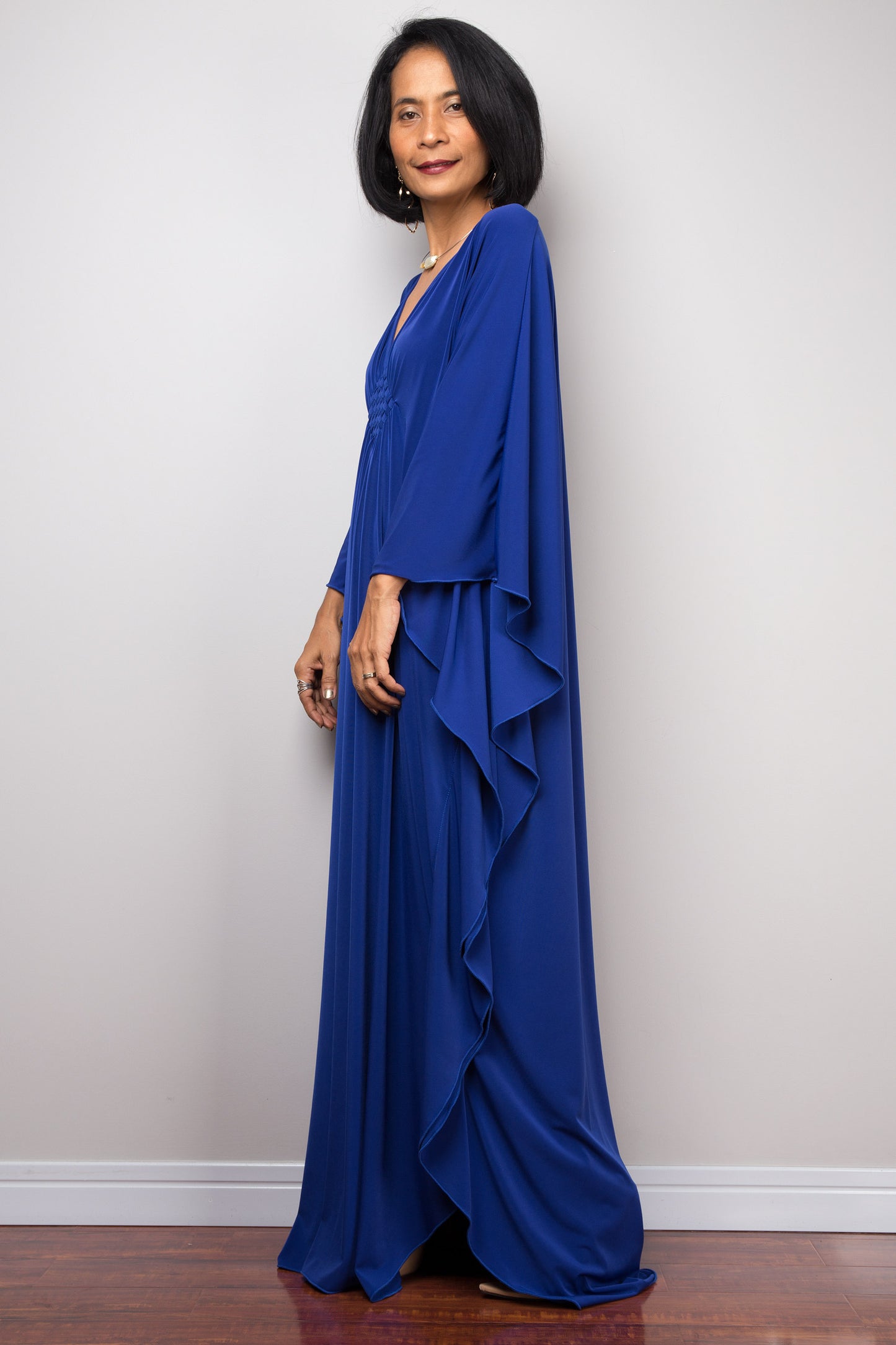 Long blue kaftan dress with splits - side view