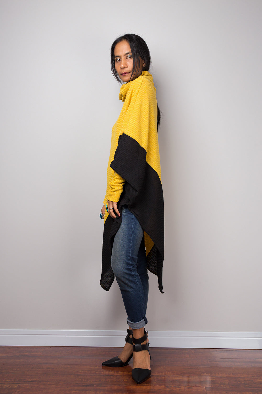 Yellow Poncho, Two tone tunic, Yellow and Black tunic, batwing tunic, top dress, sweater dress