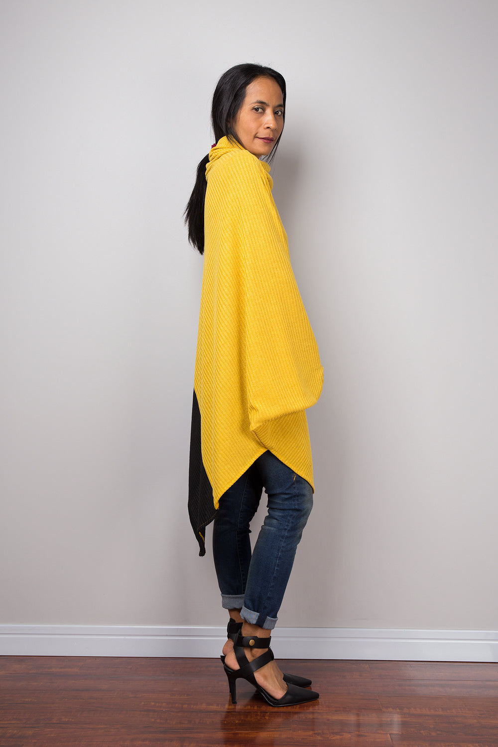 Yellow Poncho, Two tone tunic, Yellow and Black tunic, batwing tunic, top dress, sweater dress