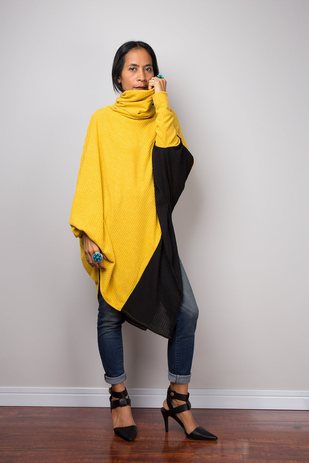 Yellow Poncho, Two tone tunic, Yellow and Black tunic, batwing tunic, top dress, sweater dress