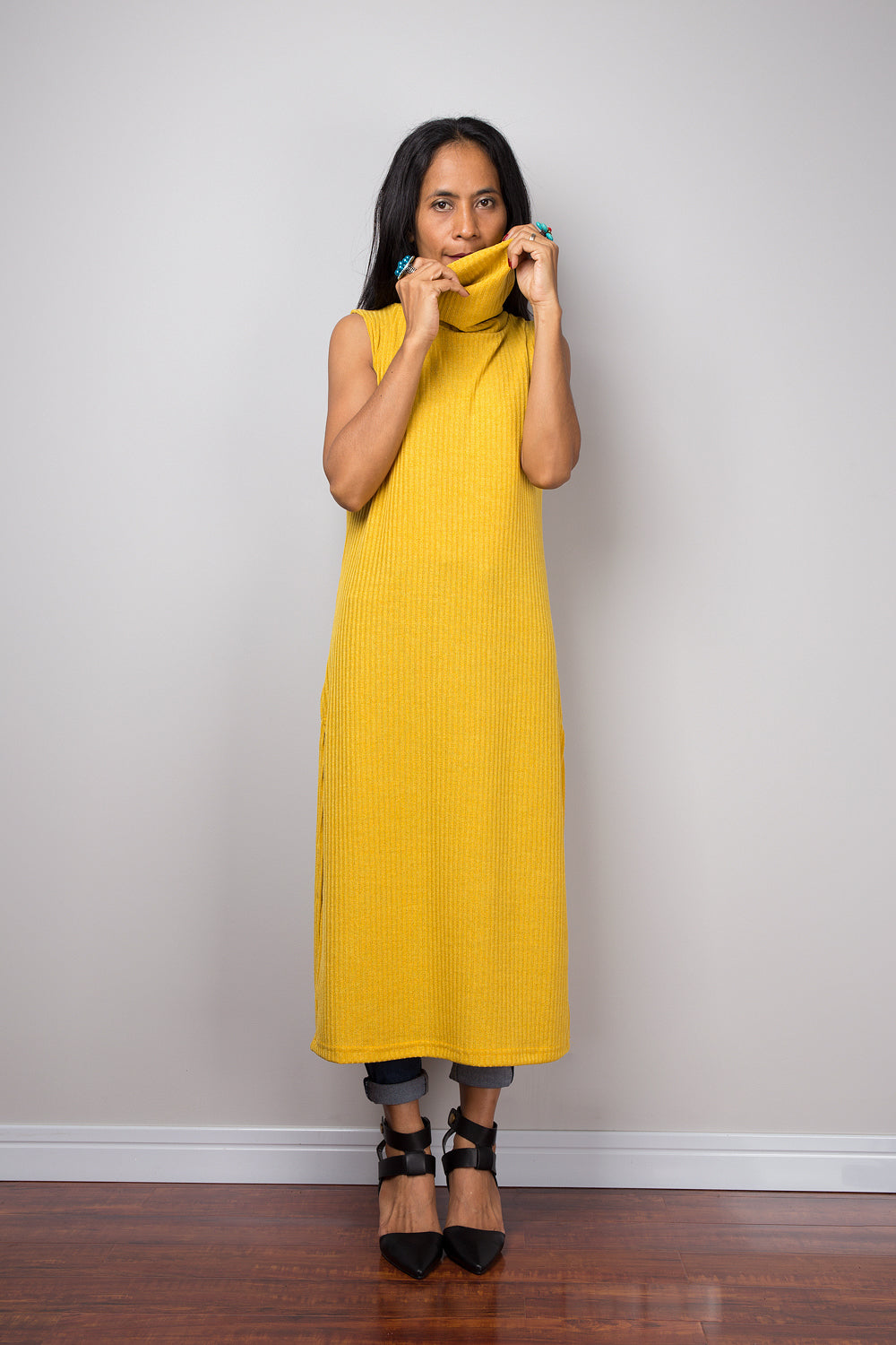 Yellow dress, Mid length turtleneck dress, Split dress, Sleeveless dress, knitted yellow dress