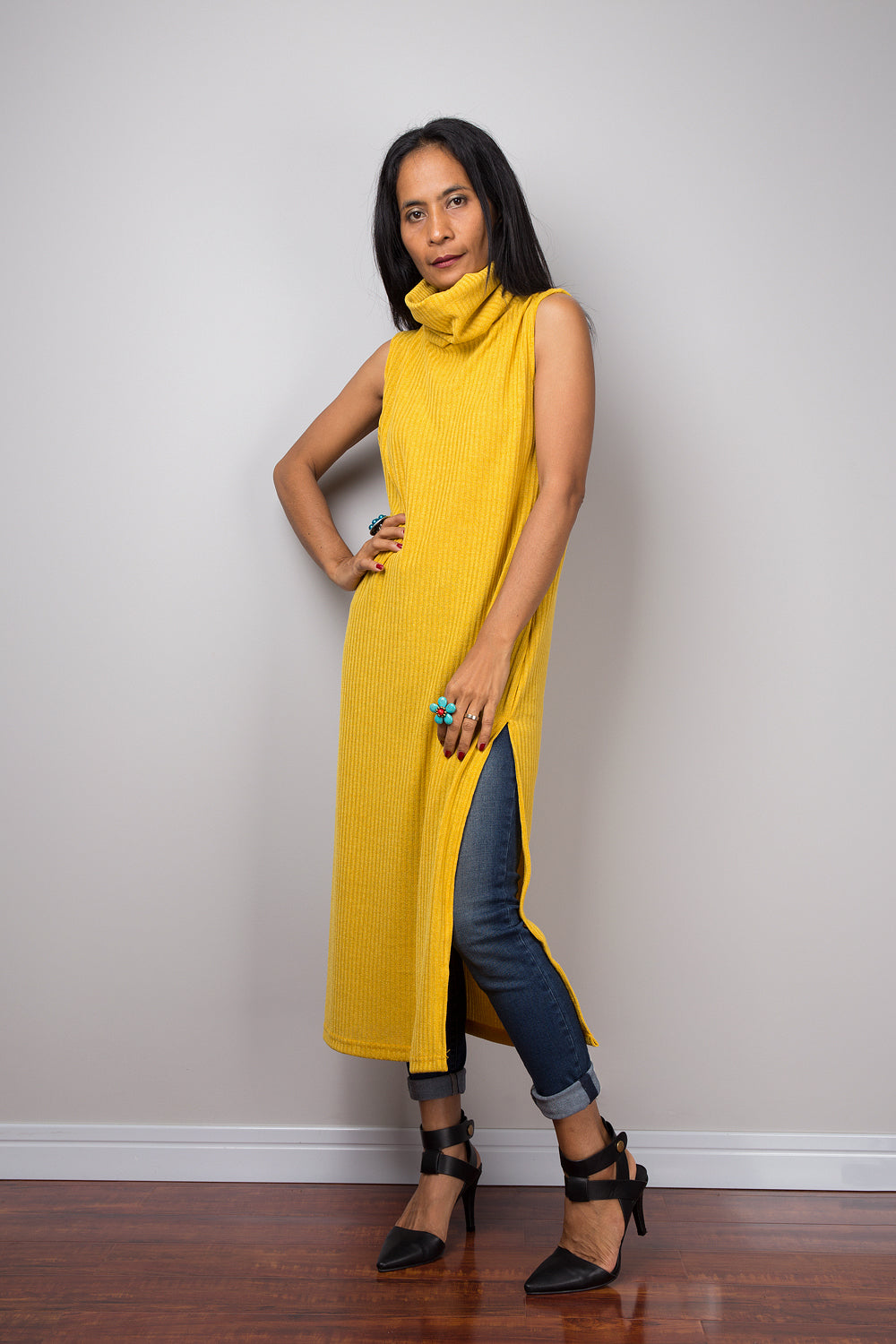 Yellow dress, Mid length turtleneck dress, Split dress, Sleeveless dress, knitted yellow dress