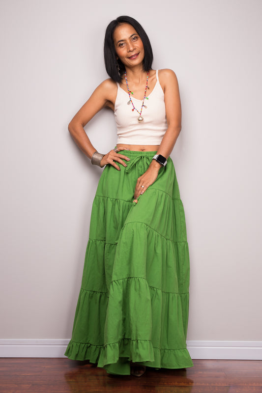 Cotton tiered skirt.  Green maxi skirt by Nuichan