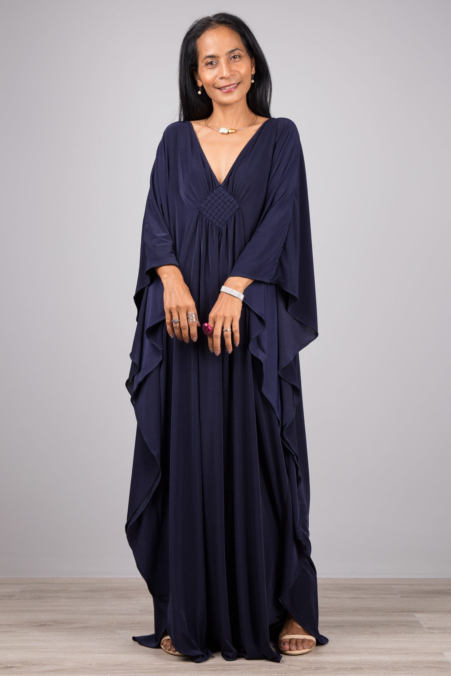 Caftan, Navy blue maxi dress, Loose fitting dress, Long dark blue dress, kaftan. Oversized blue dress with plunging neckline by Nuichan