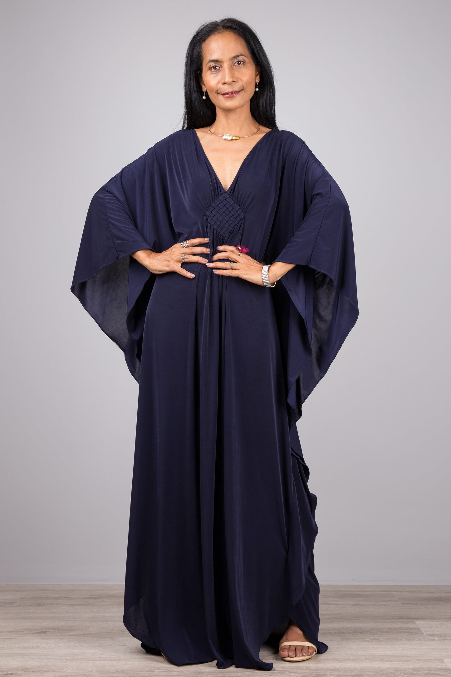 Caftan, Navy blue maxi dress, Loose fitting dress, Long dark blue dress, kaftan. Oversized blue dress with plunging neckline by Nuichan