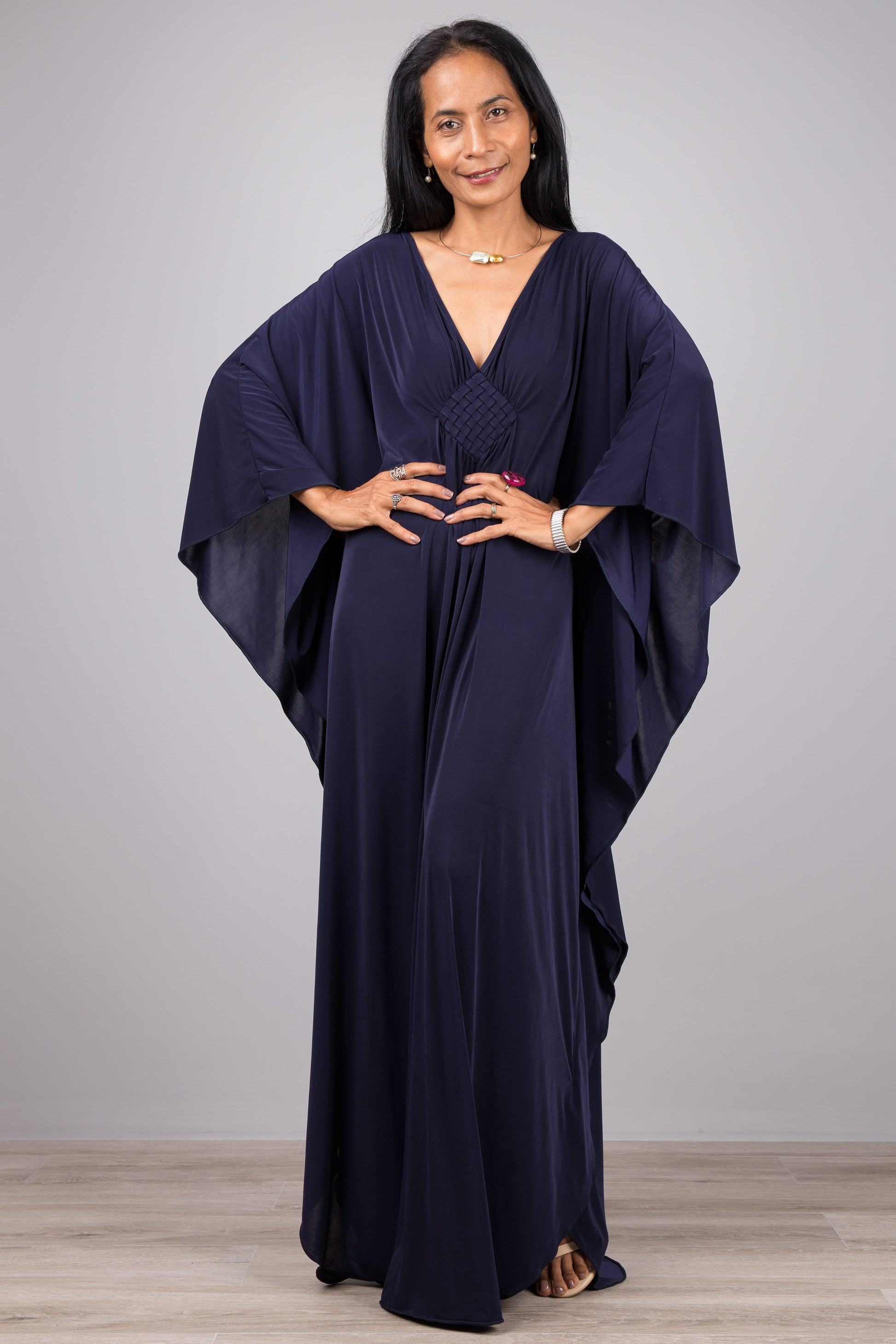 Caftan, Navy blue maxi dress, Loose fitting dress, Long dark blue dress, kaftan. Oversized blue dress with plunging neckline by Nuichan