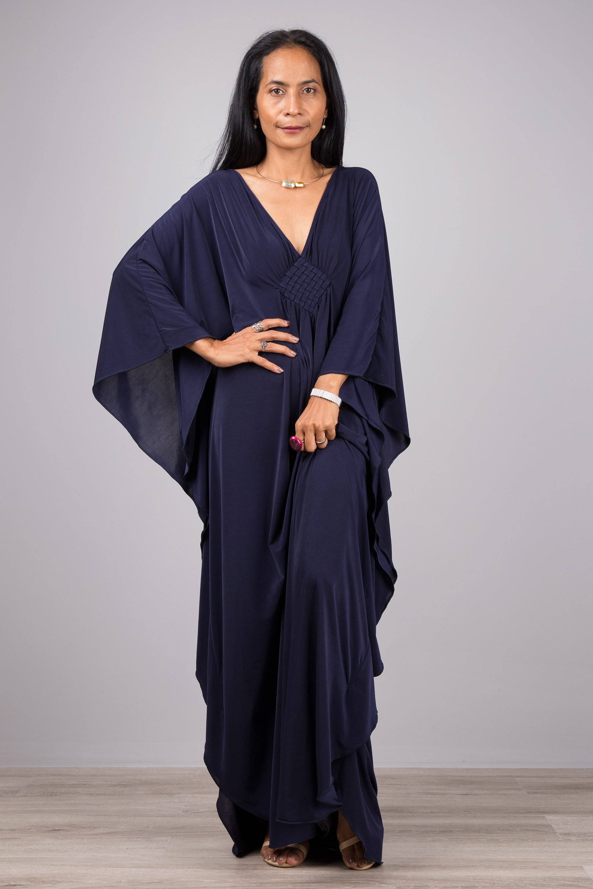 Caftan, Navy blue maxi dress, Loose fitting dress, Long dark blue dress, kaftan. Oversized blue dress with plunging neckline by Nuichan