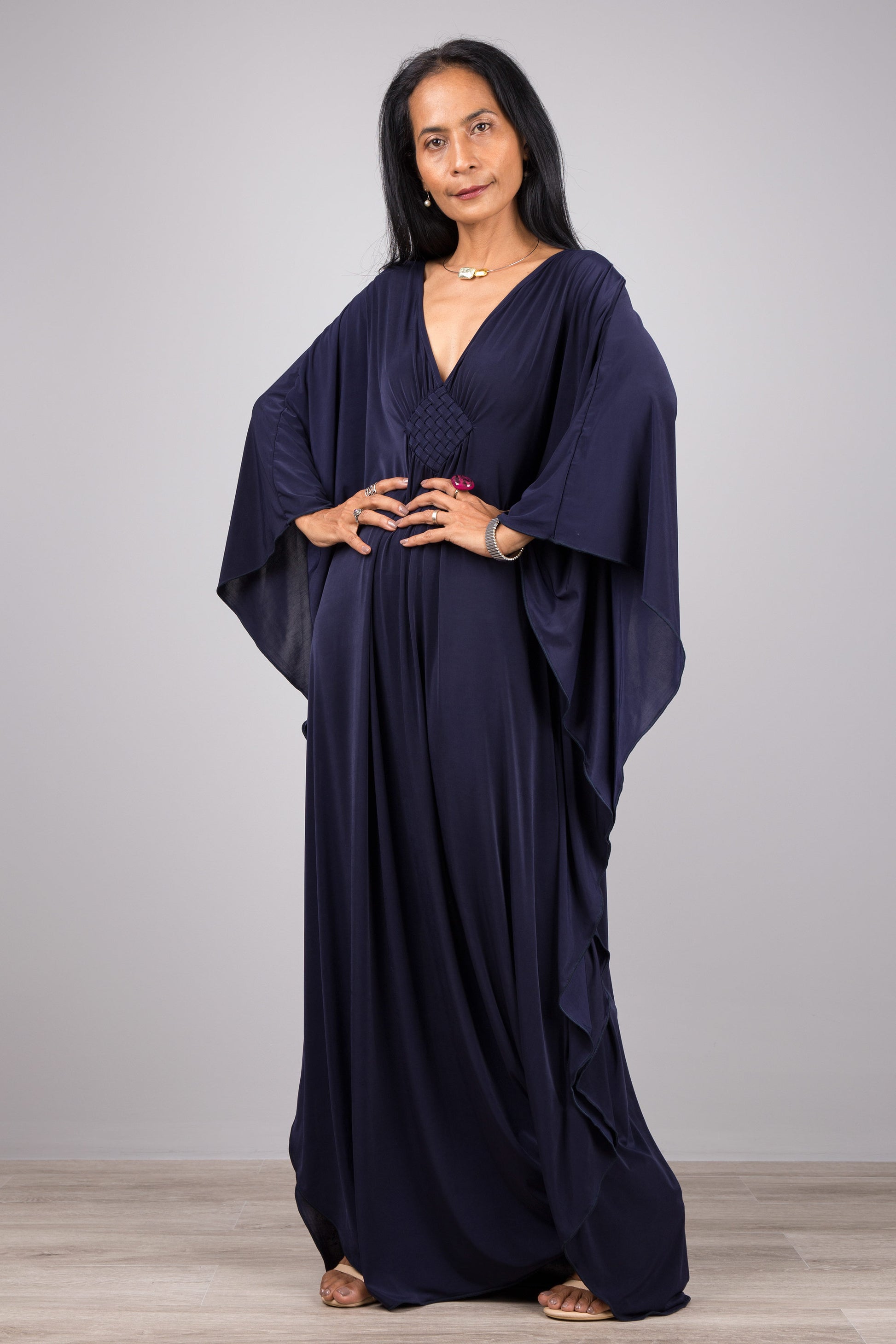 Caftan, Navy blue maxi dress, Loose fitting dress, Long dark blue dress, kaftan. Oversized blue dress with plunging neckline by Nuichan