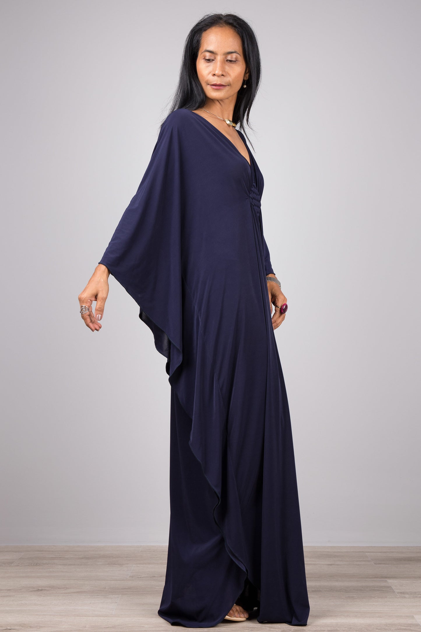 Caftan, Navy blue maxi dress, Loose fitting dress, Long dark blue dress, kaftan. Oversized blue dress with plunging neckline by Nuichan