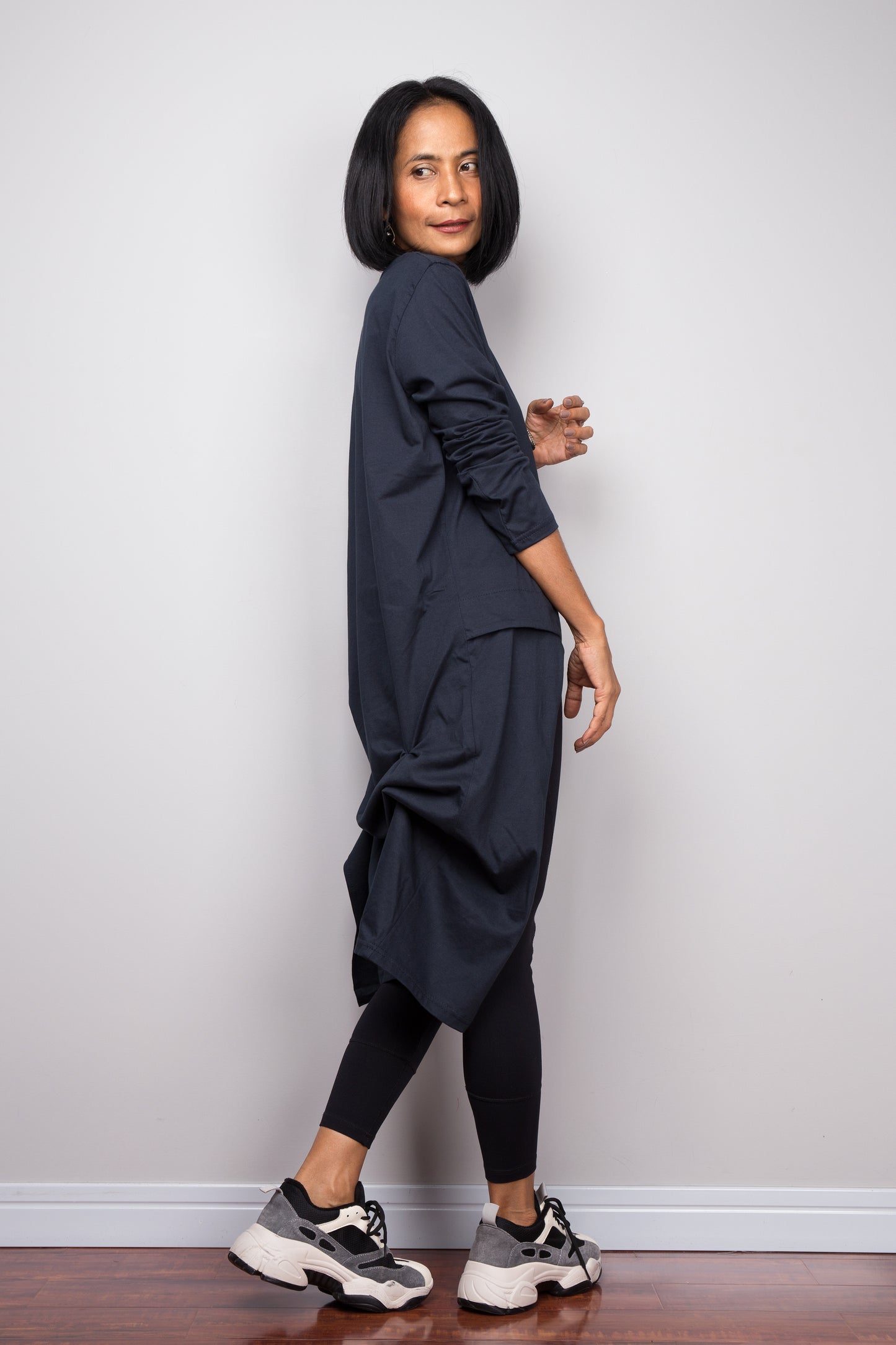 Asymmetrical navy blue tunic dress