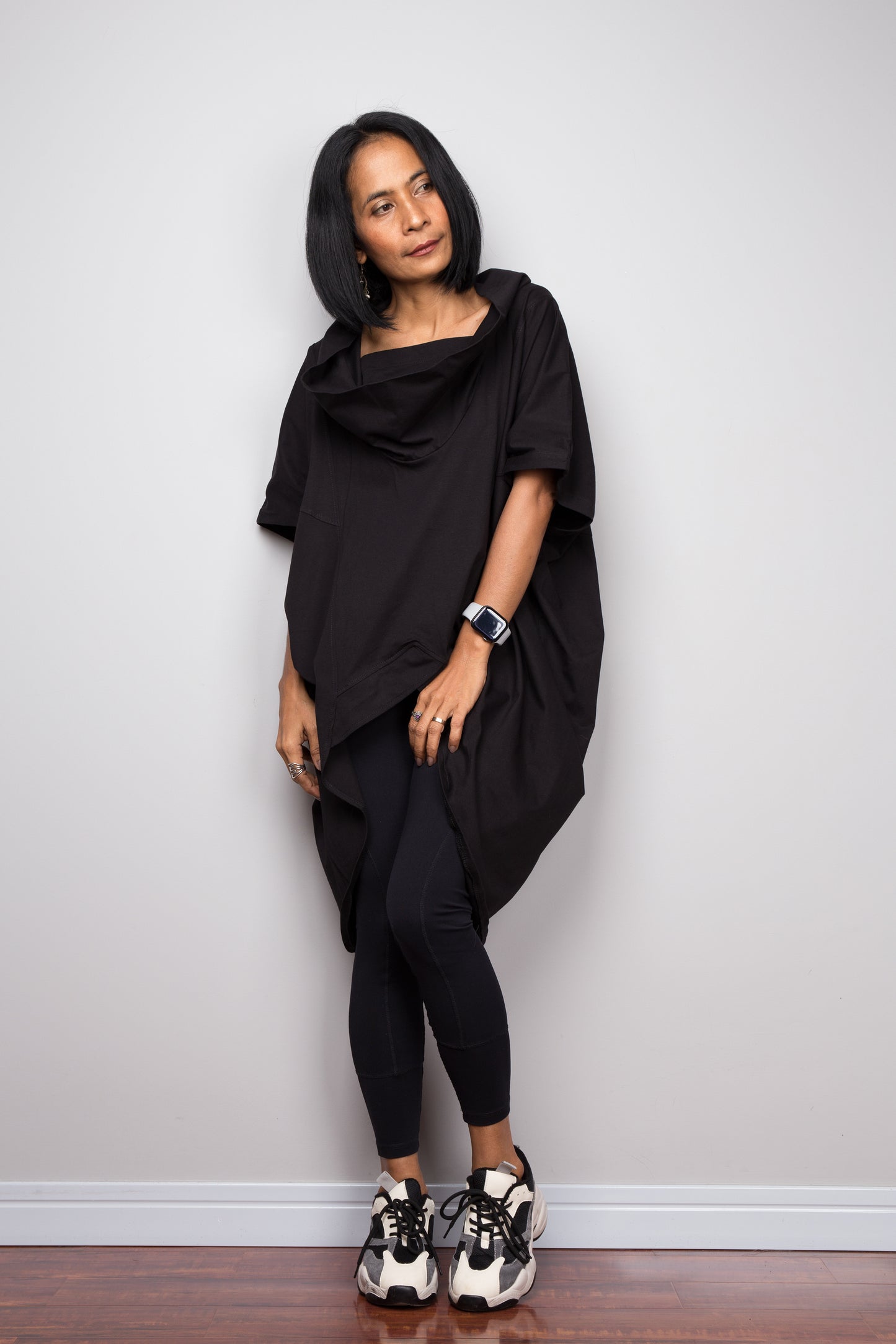 Black pullover tunic dress with cowl neck