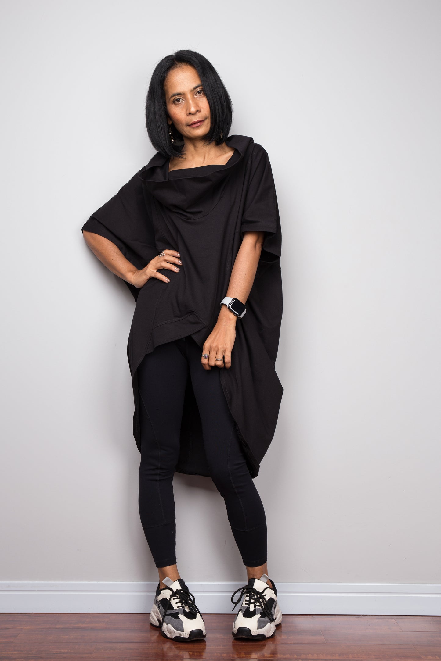 Black pullover tunic dress with cowl neck