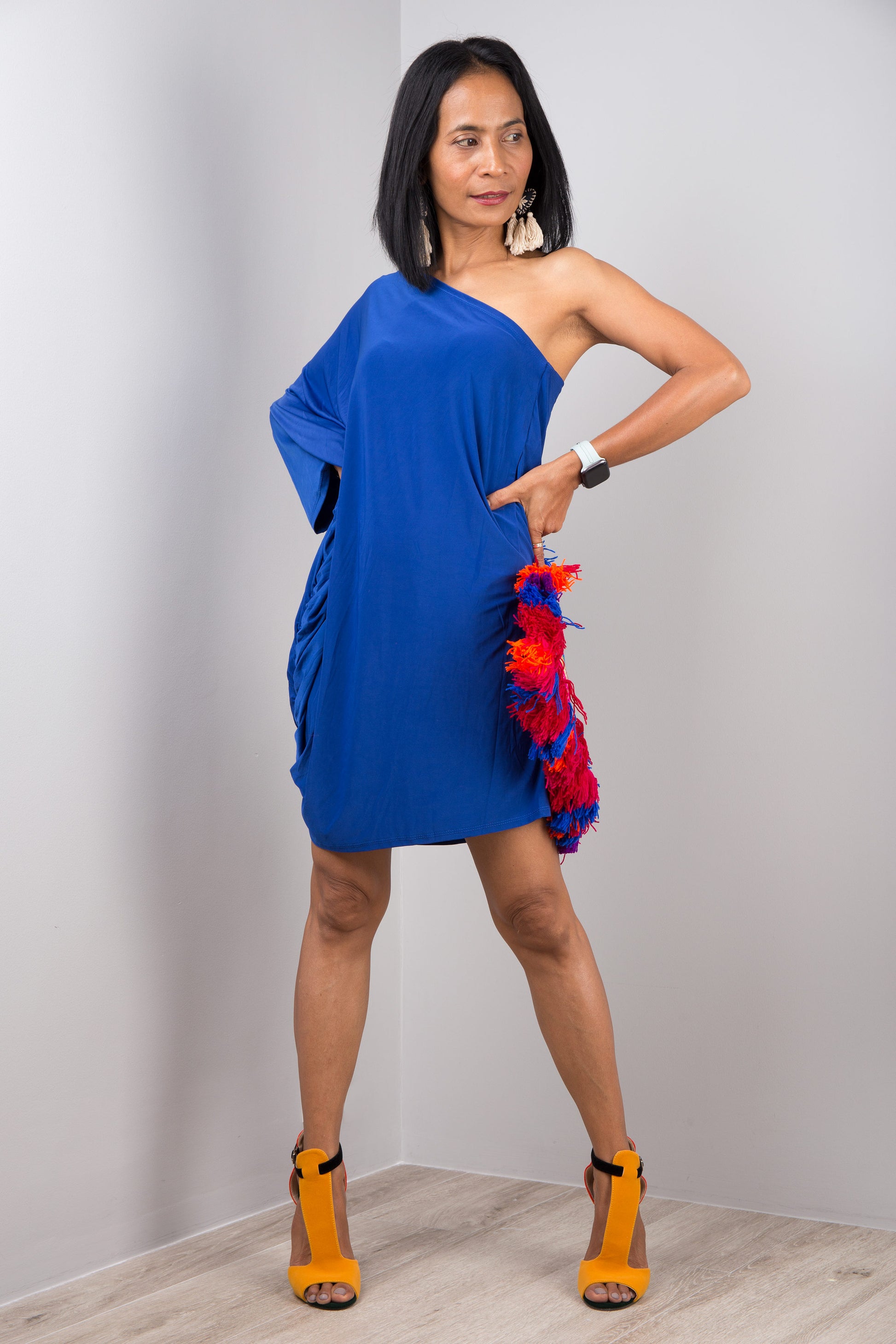 Shop for off the shoulder dress online from Nuichan.  Short knee length cobalt blue dress for petite