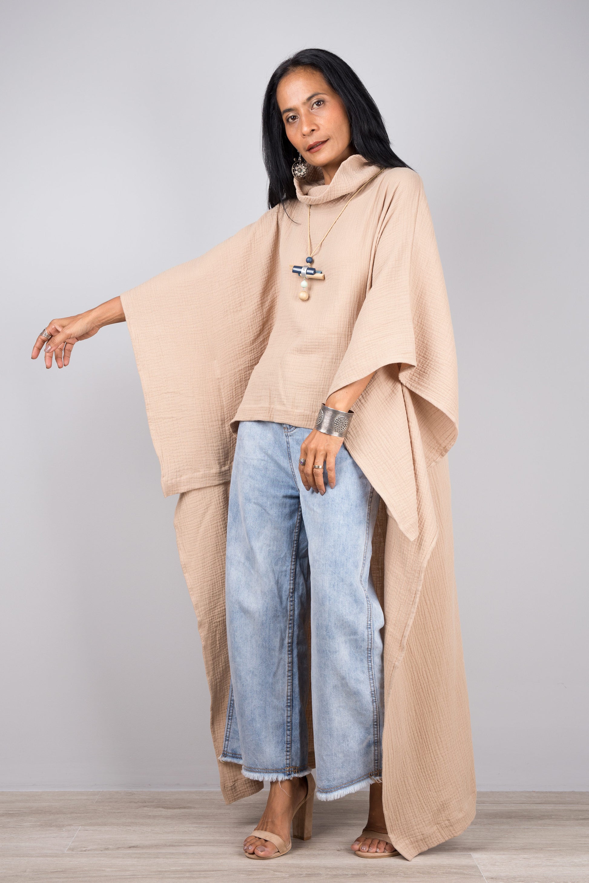 Light brown cotton short front kaftan top dress