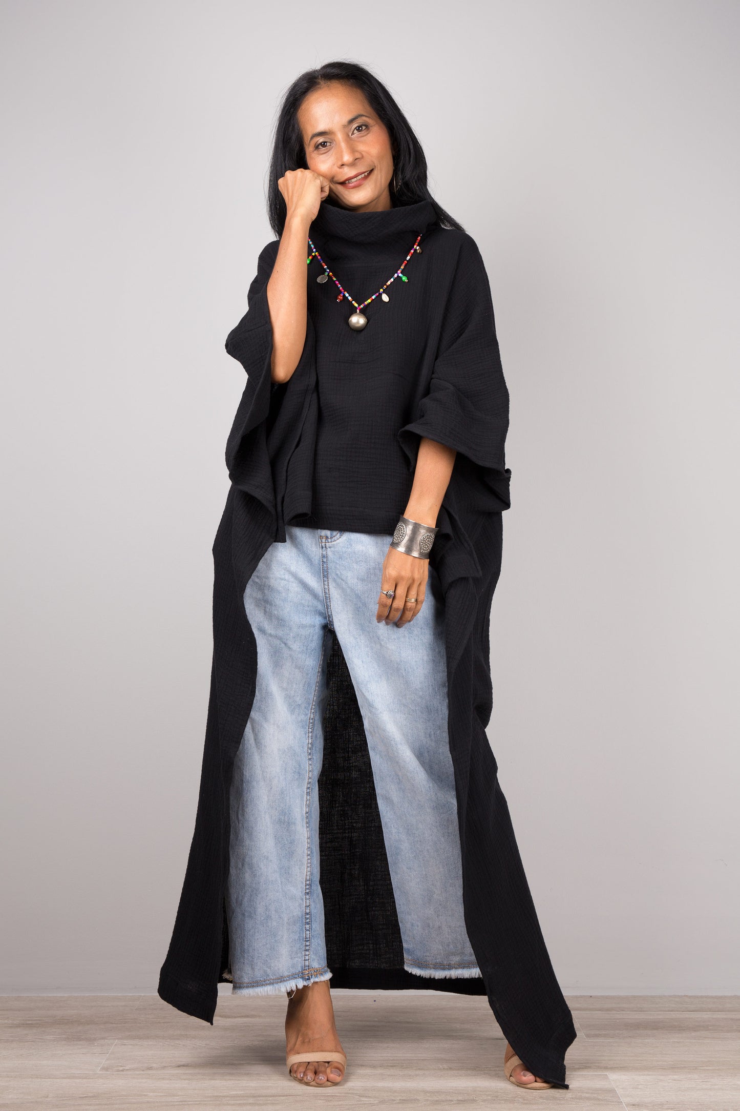 Short black kaftan top dress with mock neck