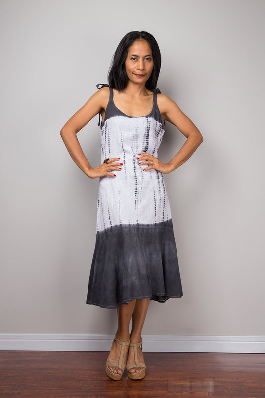 Black and white tie dye dress.  Cotton strap dress with shibori design