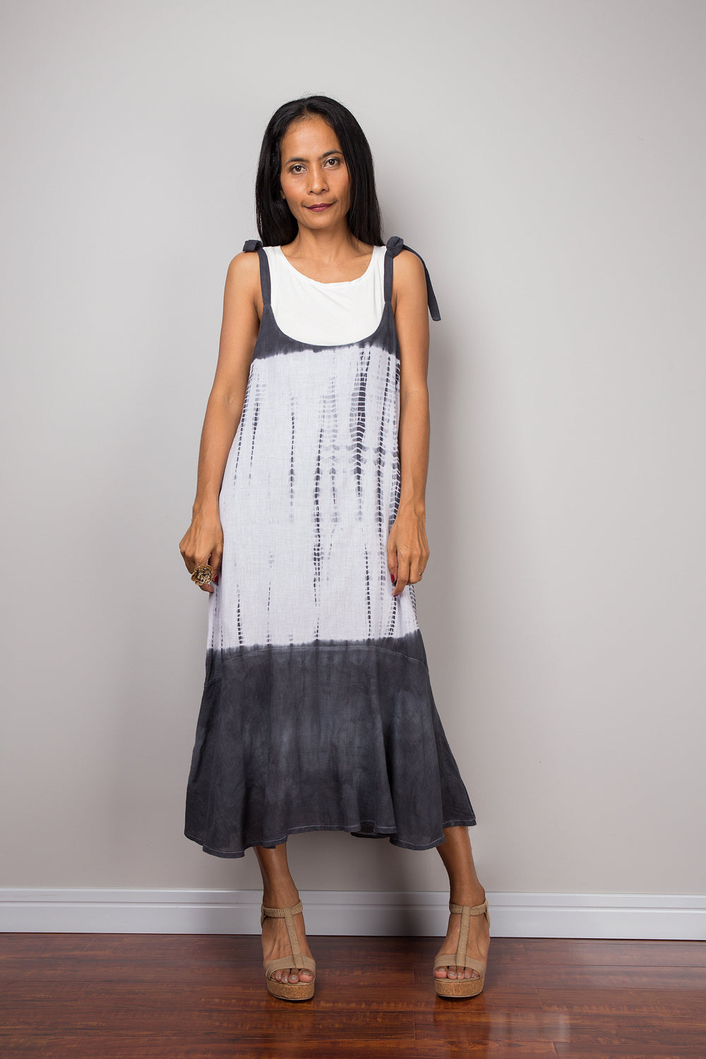 Black and white shibori tie dye dress. Cotton halter dress for summer