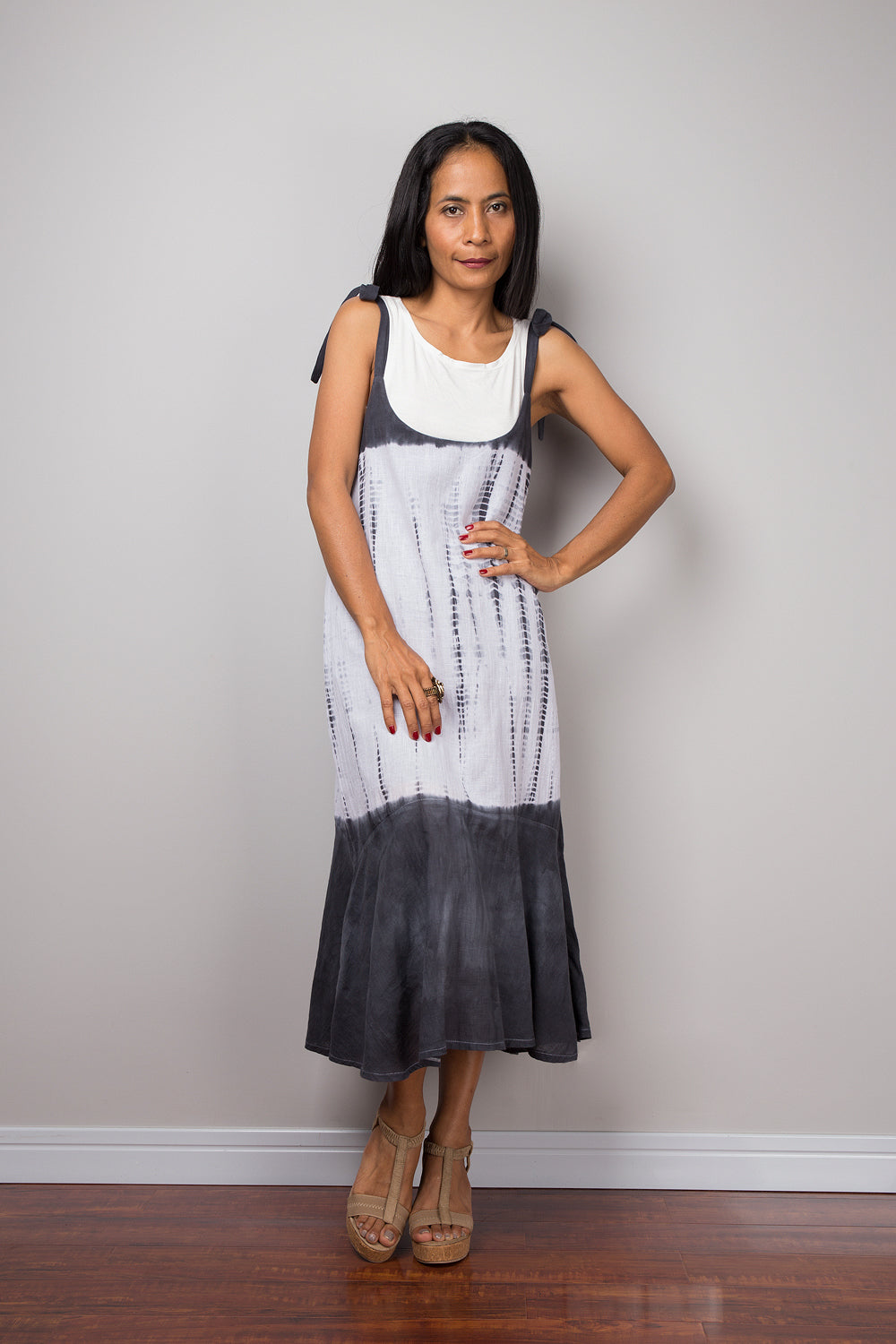 Black and white cotton summer dress.  Tie dye dress with shibori detail by Nuichan