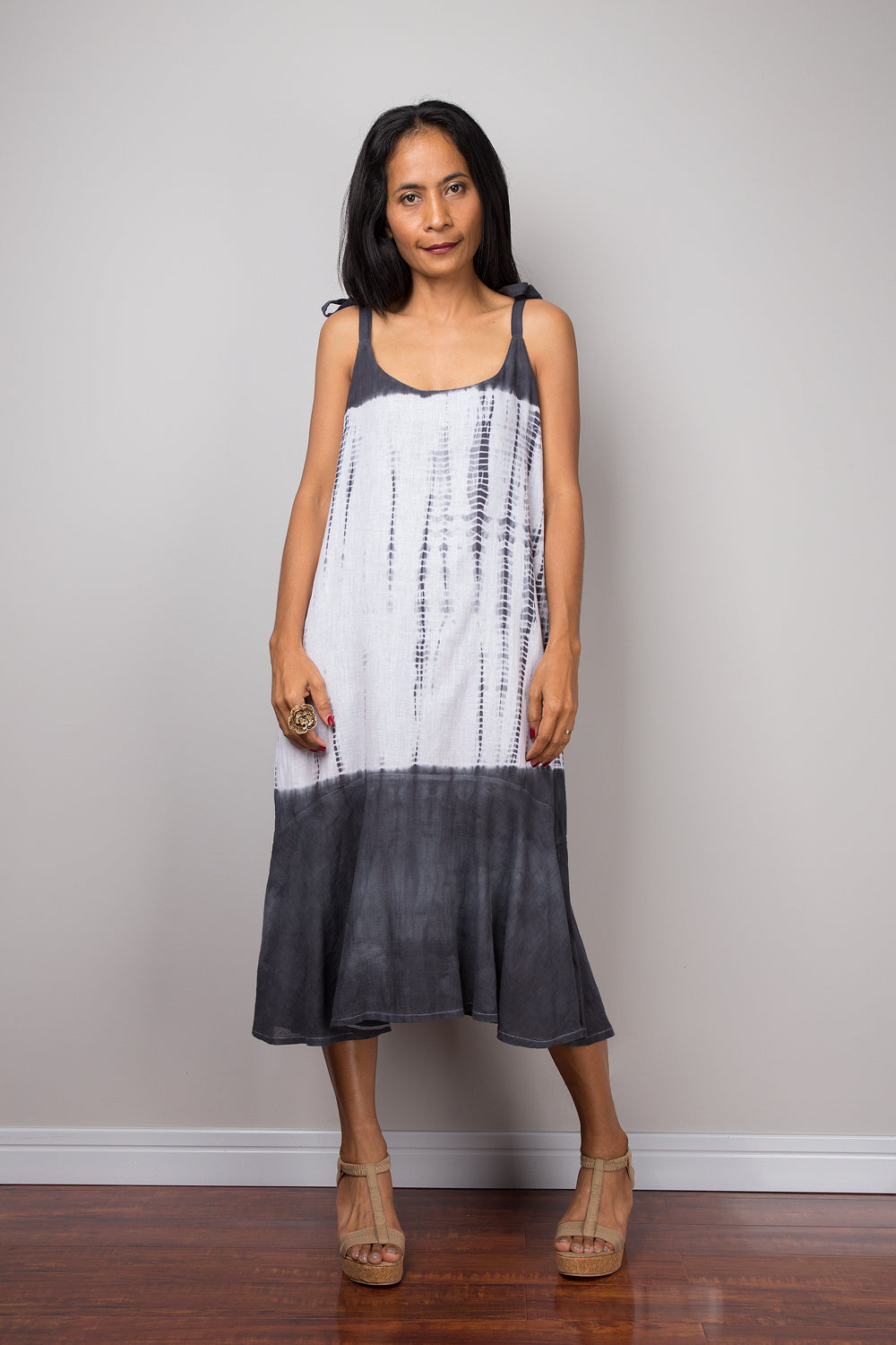 Tie dye strap dress by Nuichan.  Black and white shibori summer dress