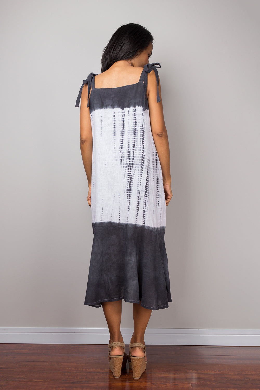 Black and white tie dye dress for summer.  Back view