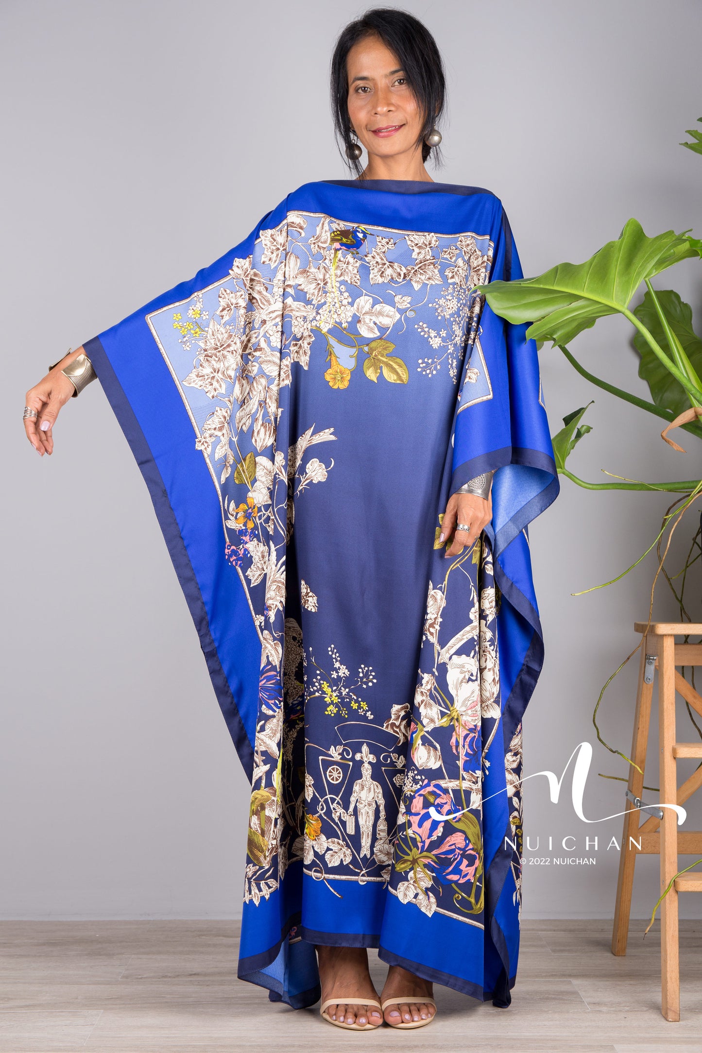 Nuichan women's silk kaftan dress | Tropical print dress online