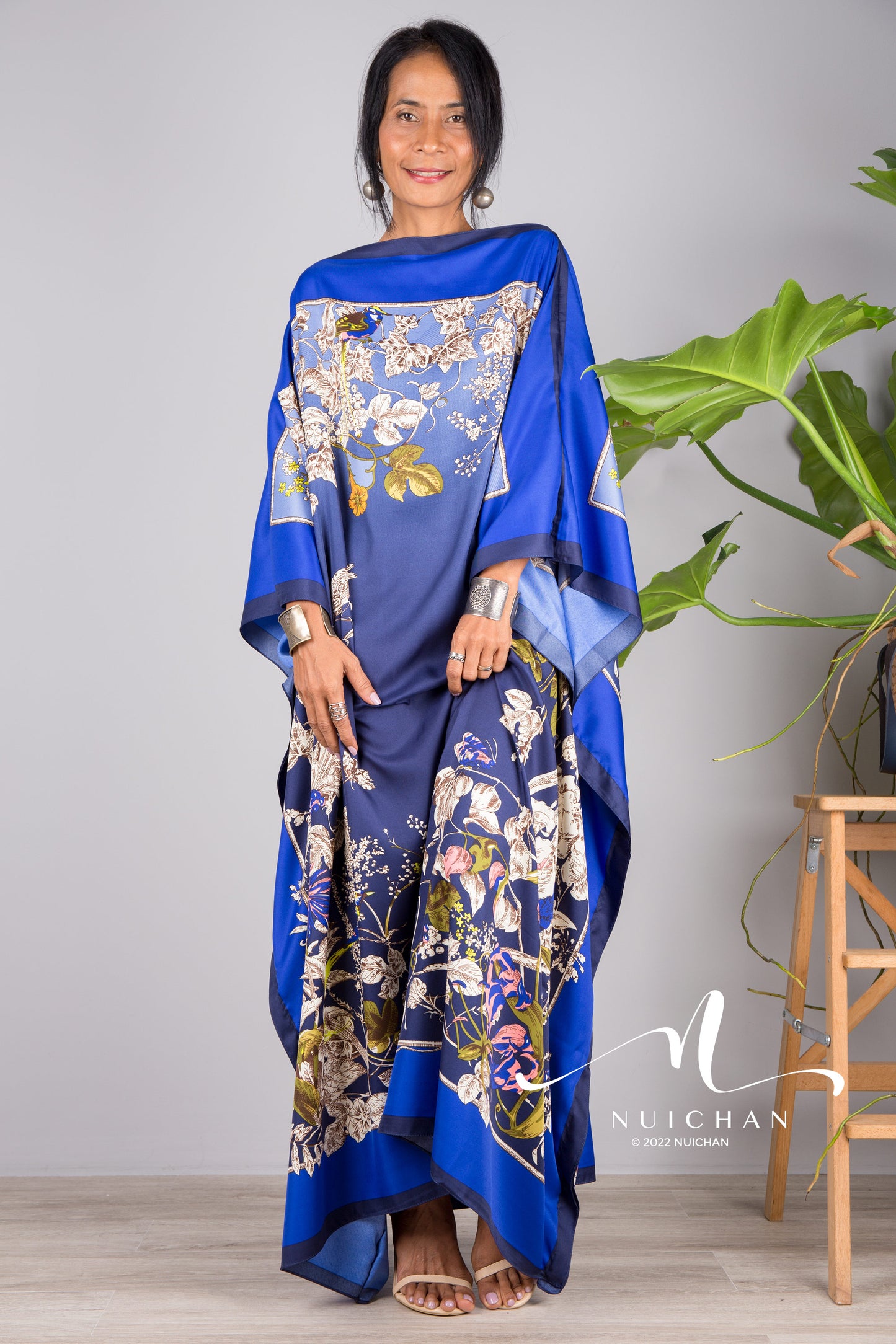 Nuichan women's silk kaftan dress | Tropical print dress online