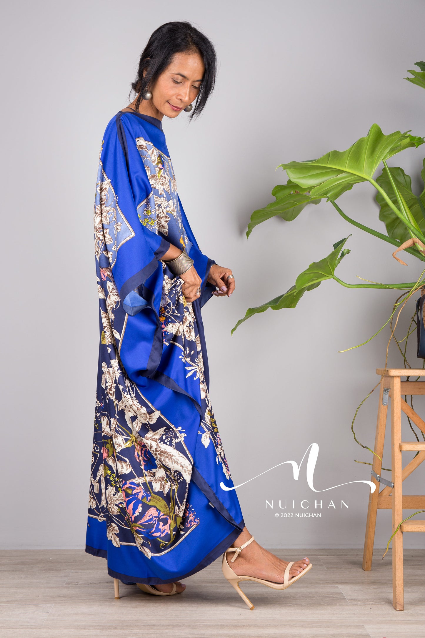 Nuichan women's silk kaftan dress | Tropical print dress online