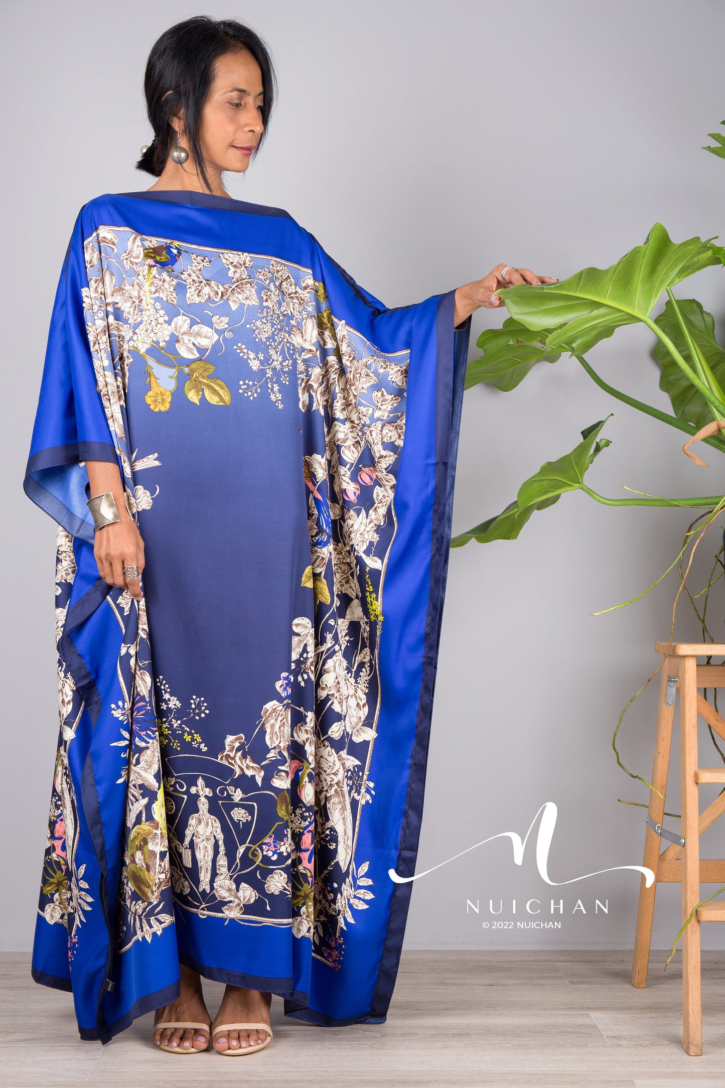 Nuichan women's silk kaftan dress | Tropical print dress online