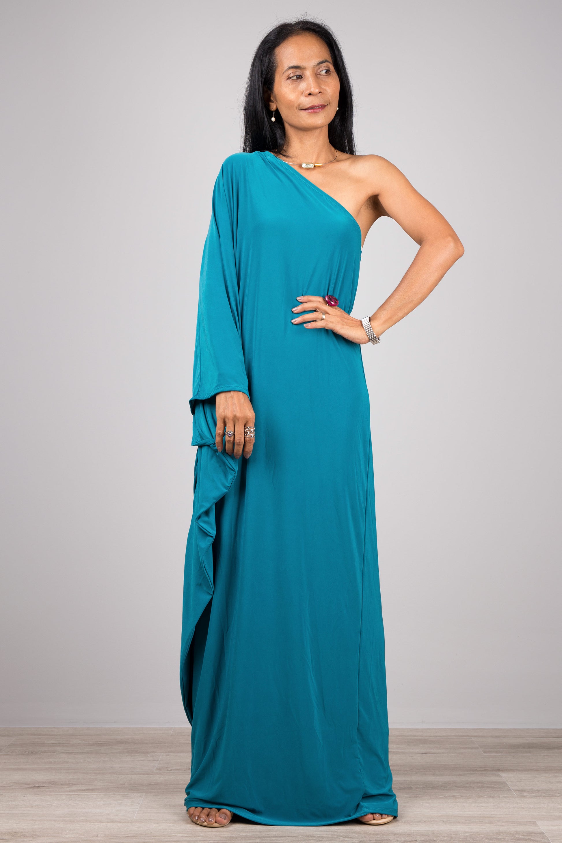 One Shoulder Dress. Teal Asymmetric dress styles. Teal Cocktail dress by Nuichan