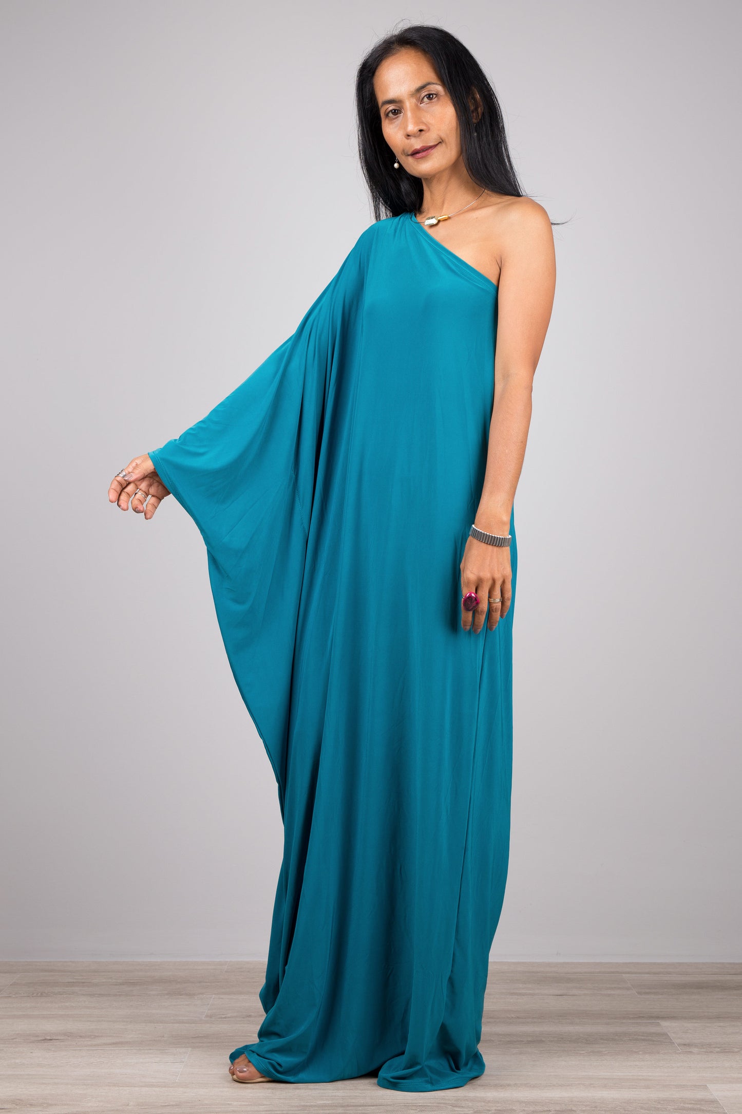 Long teal one shoulder dress for women.  Tube kaftan dress by Nuichan