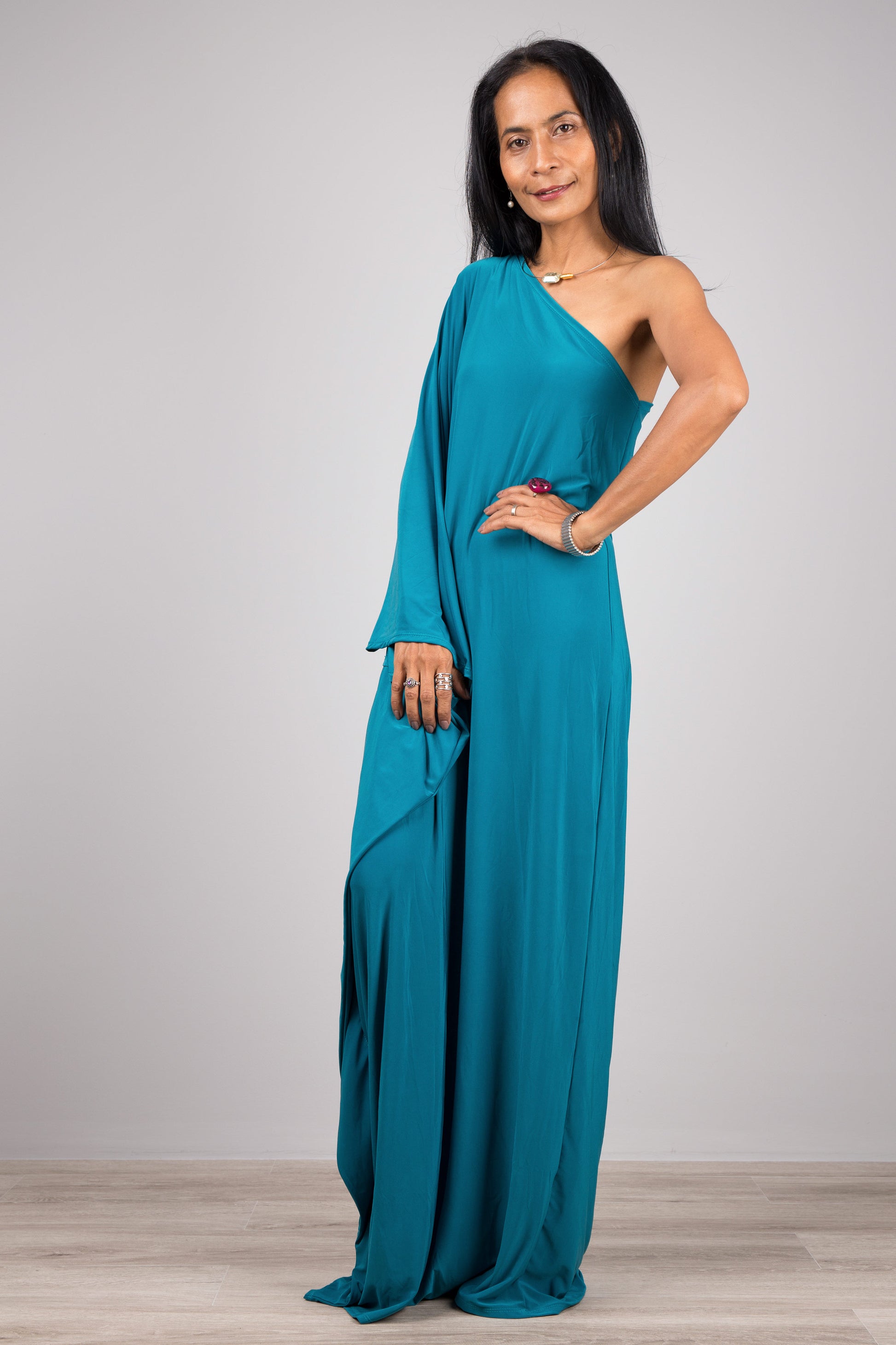 Off the shoulder dress in teal.  One shoulder maxi dress by Nuichan