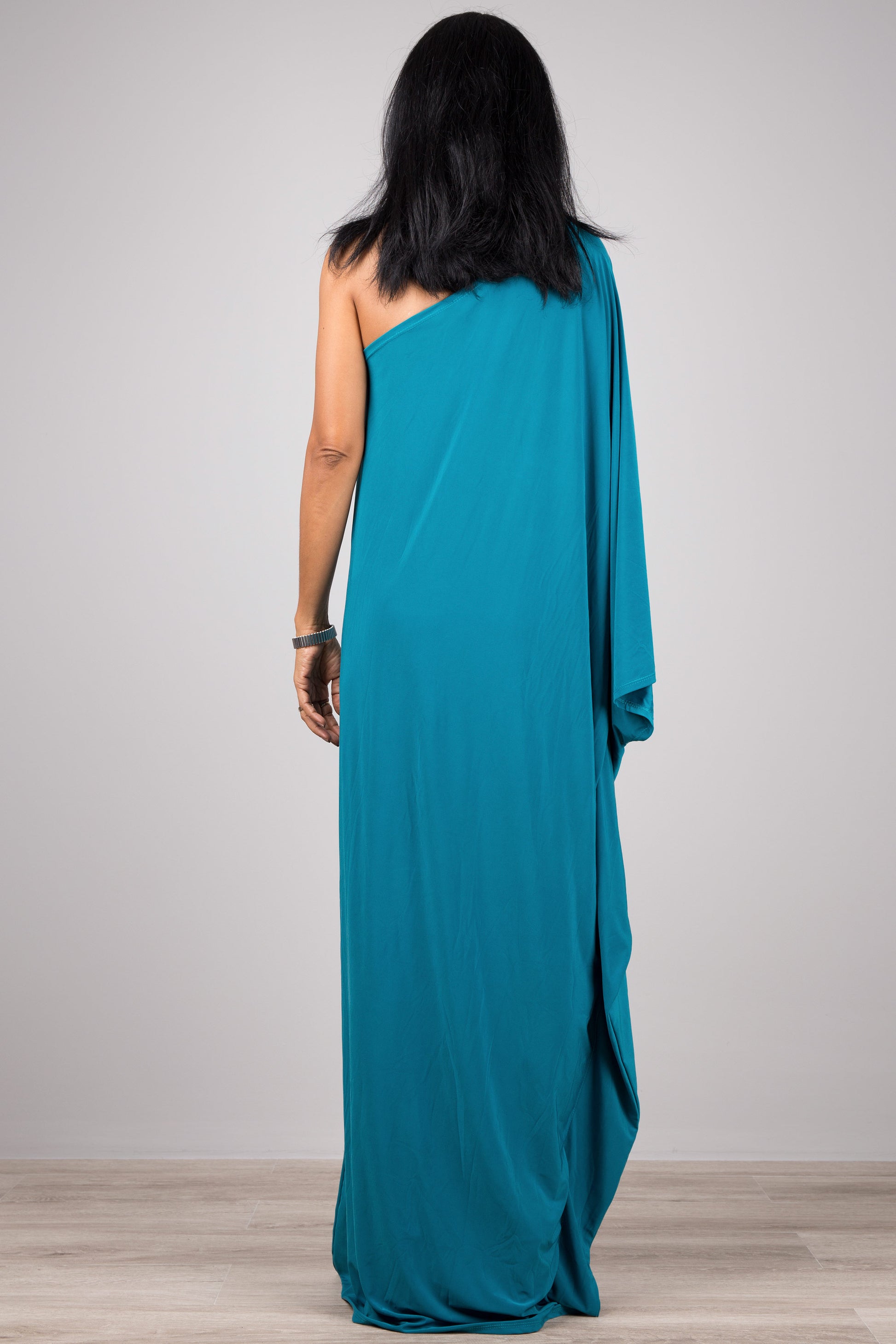 Teal one shoulder kaftan dress by Nuichan