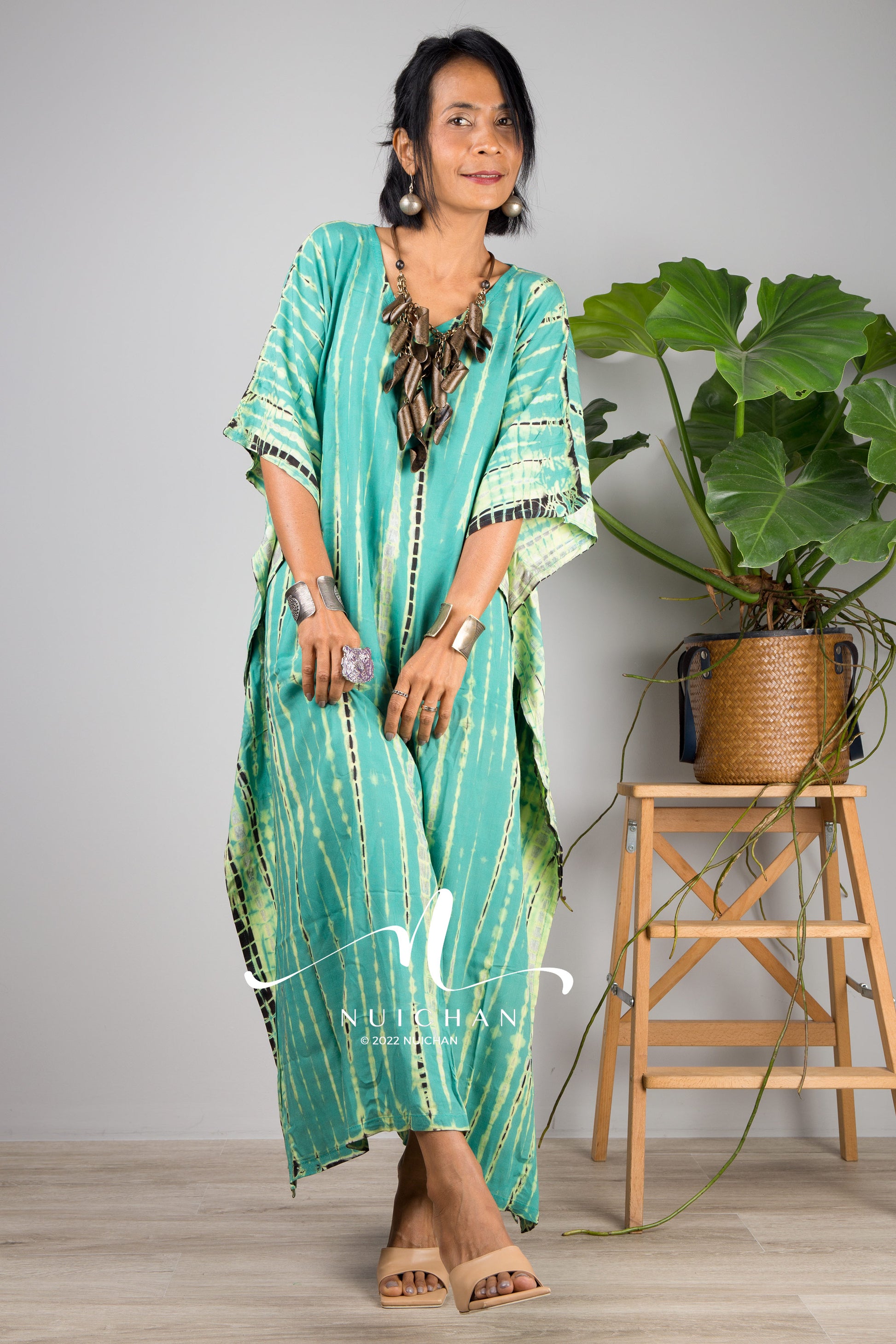 Green tie dye beach kaftan dress by Nuichan