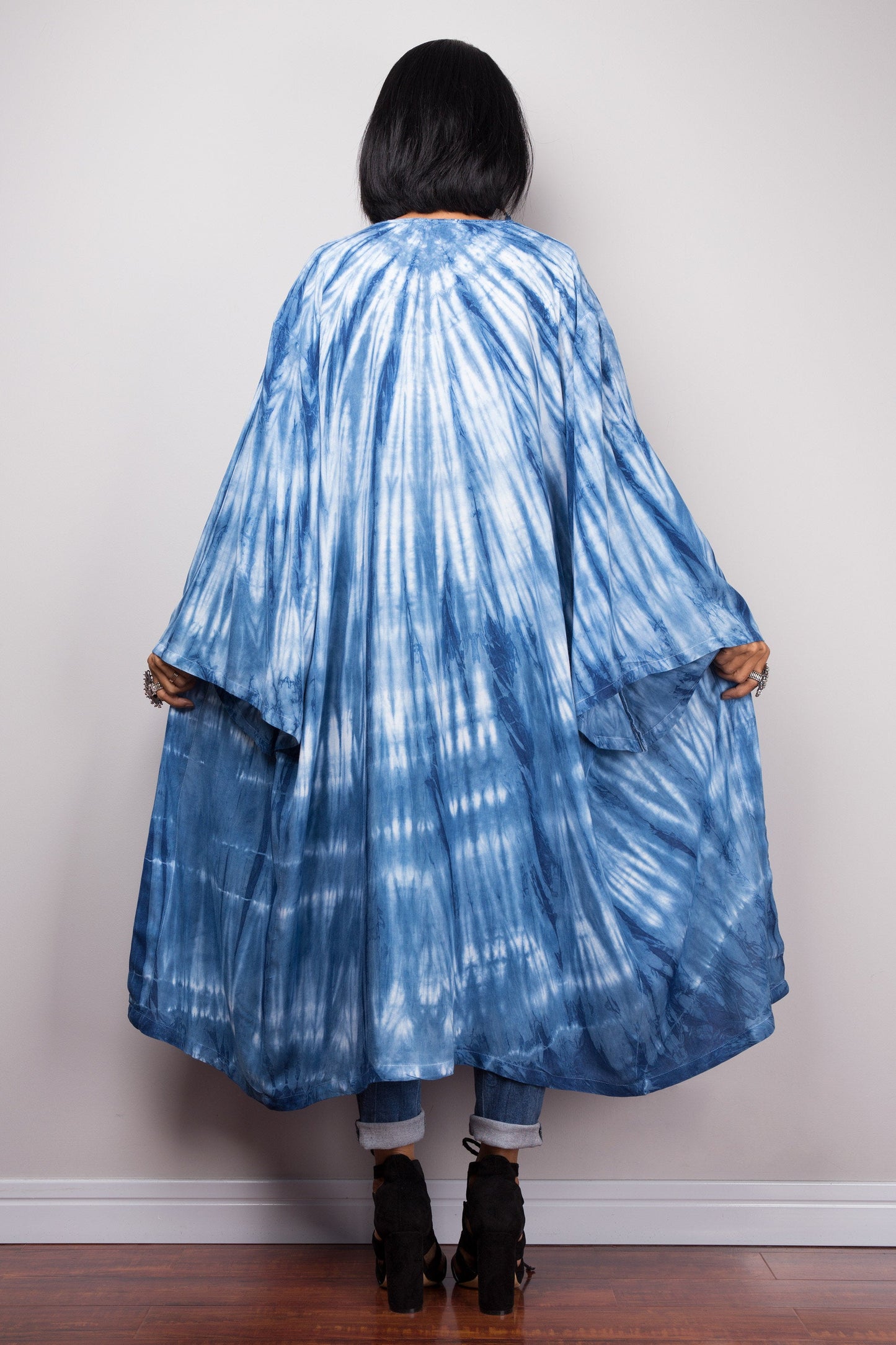 Back view of the shibori tie-dye robe, demonstrating the elegant drape and fit of the rayon fabric.