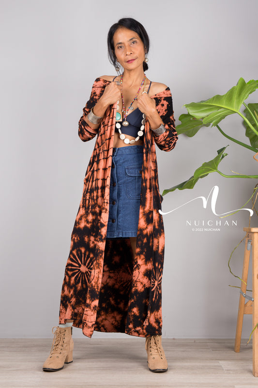 Reverse Tie Dye Robe, Boho Kimono Cardigan, Hippie Duster by Nuichan