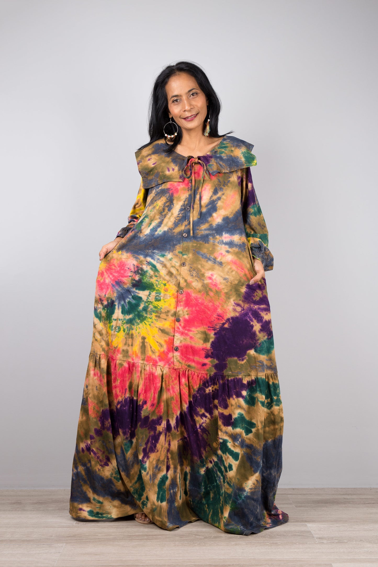 Long sleeve tie dye dress with ruffle